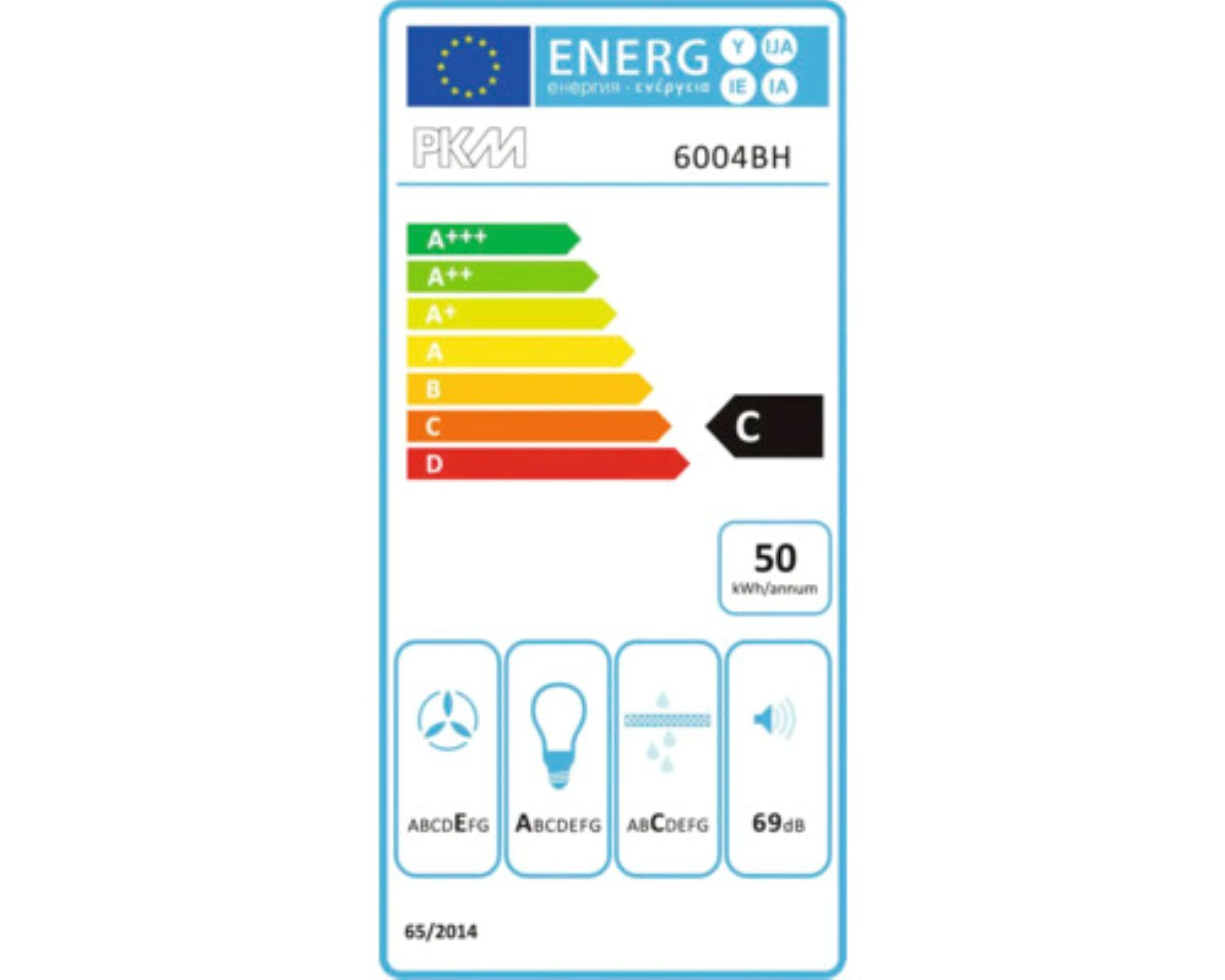 Energieeffizienzlabel für PKM 6004BH: Klasse C, 50 kWh/Jahr, Geräuschpegel 69dB.