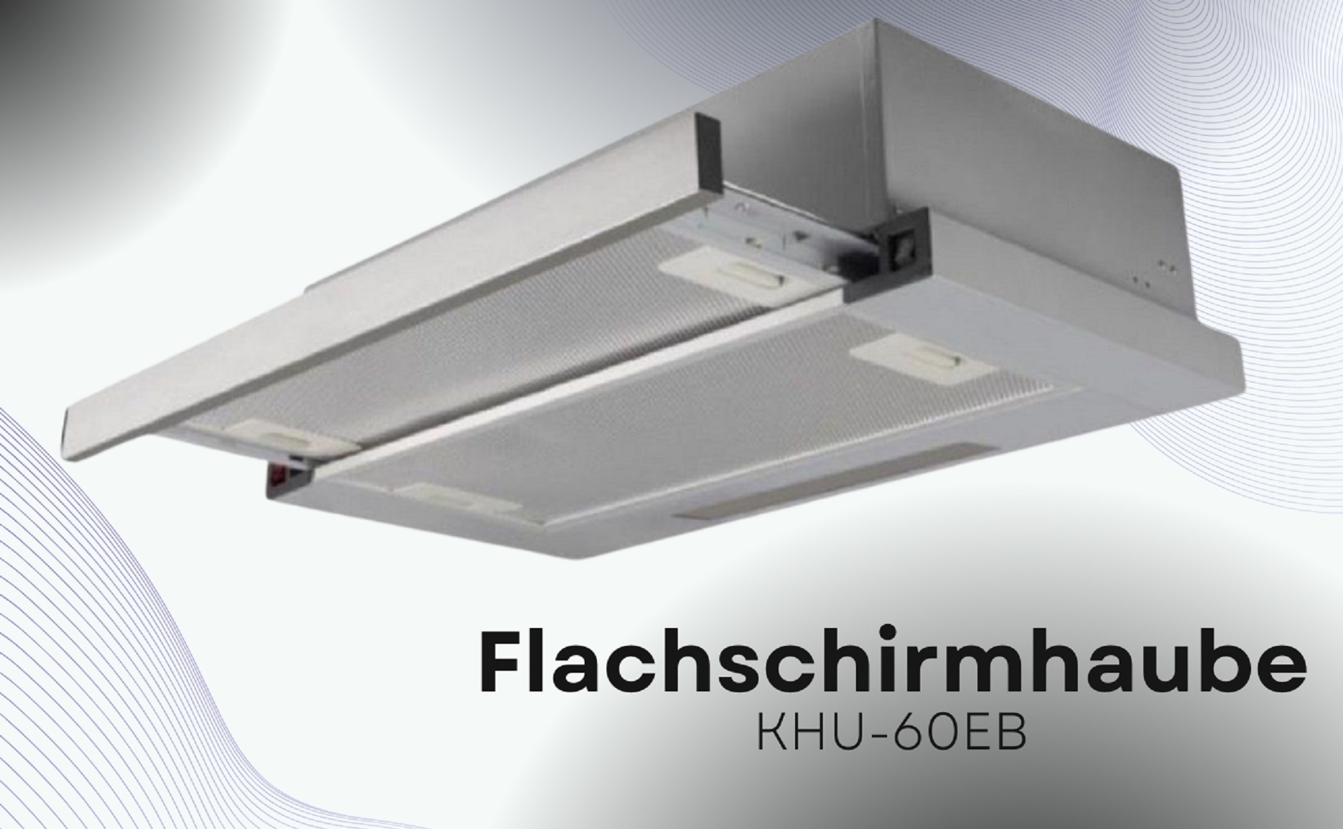 Eine silberne Dunstabzugshaube aus Metall mit Gittern und Lichtern.