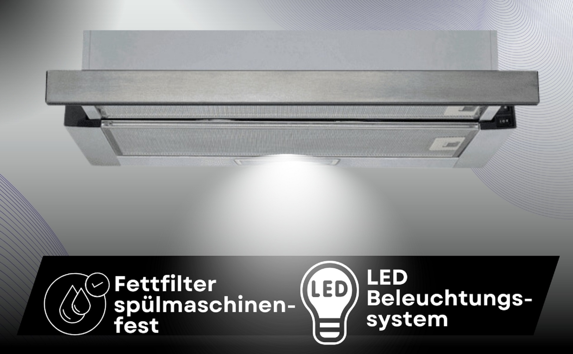 Edles Dunstabzugshauben-Design mit LED-Beleuchtung.