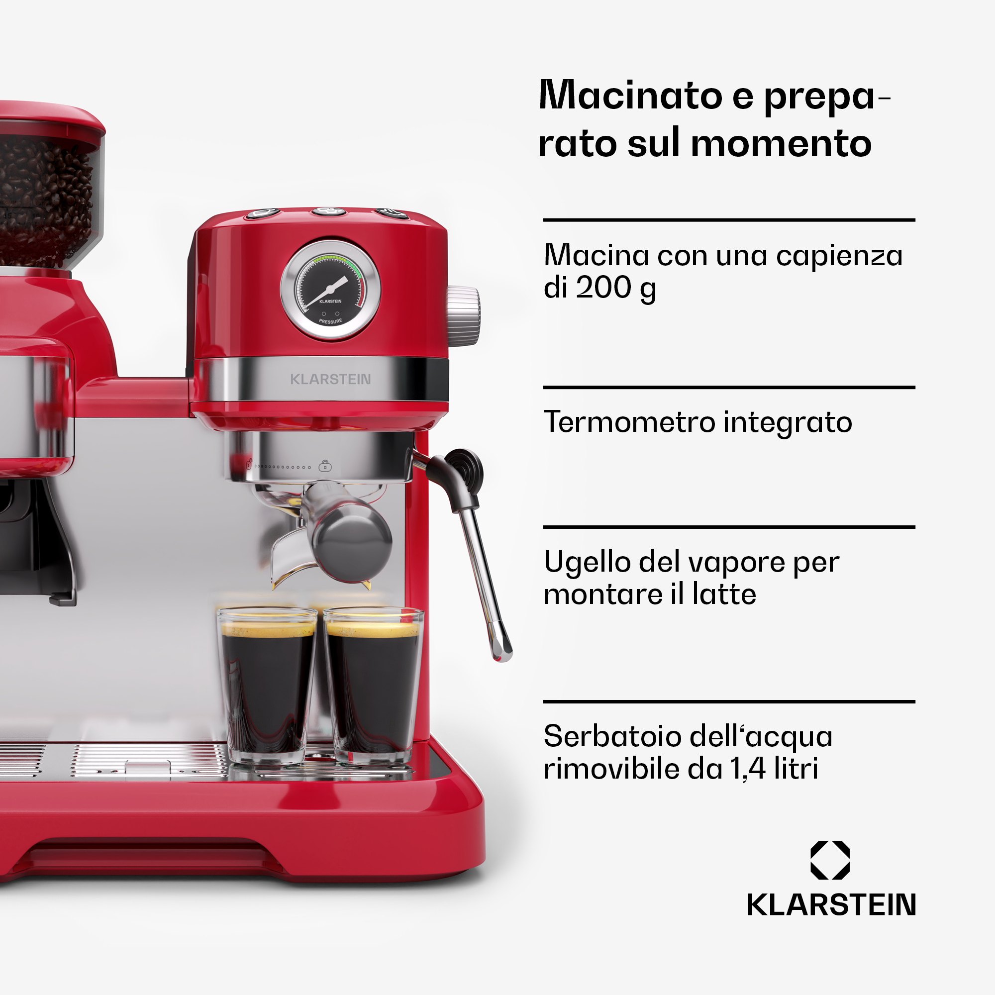Cafetera roja con molinillo integrado y dos vasos de espresso.