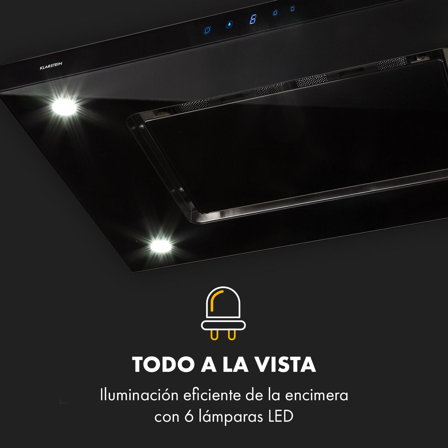 Schwarze Dunstabzugshaube mit LED-Beleuchtung und Touch-Bedienelementen.