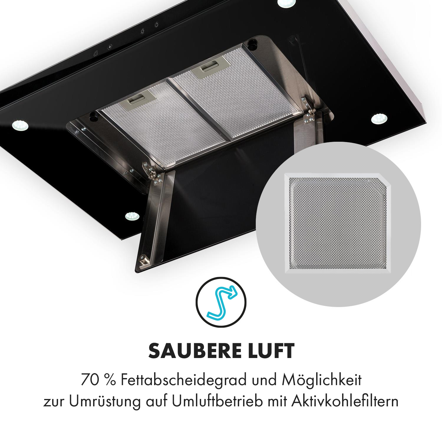 Dunstabzugshaube mit Metallfettfilter und Detailansicht des Filters.