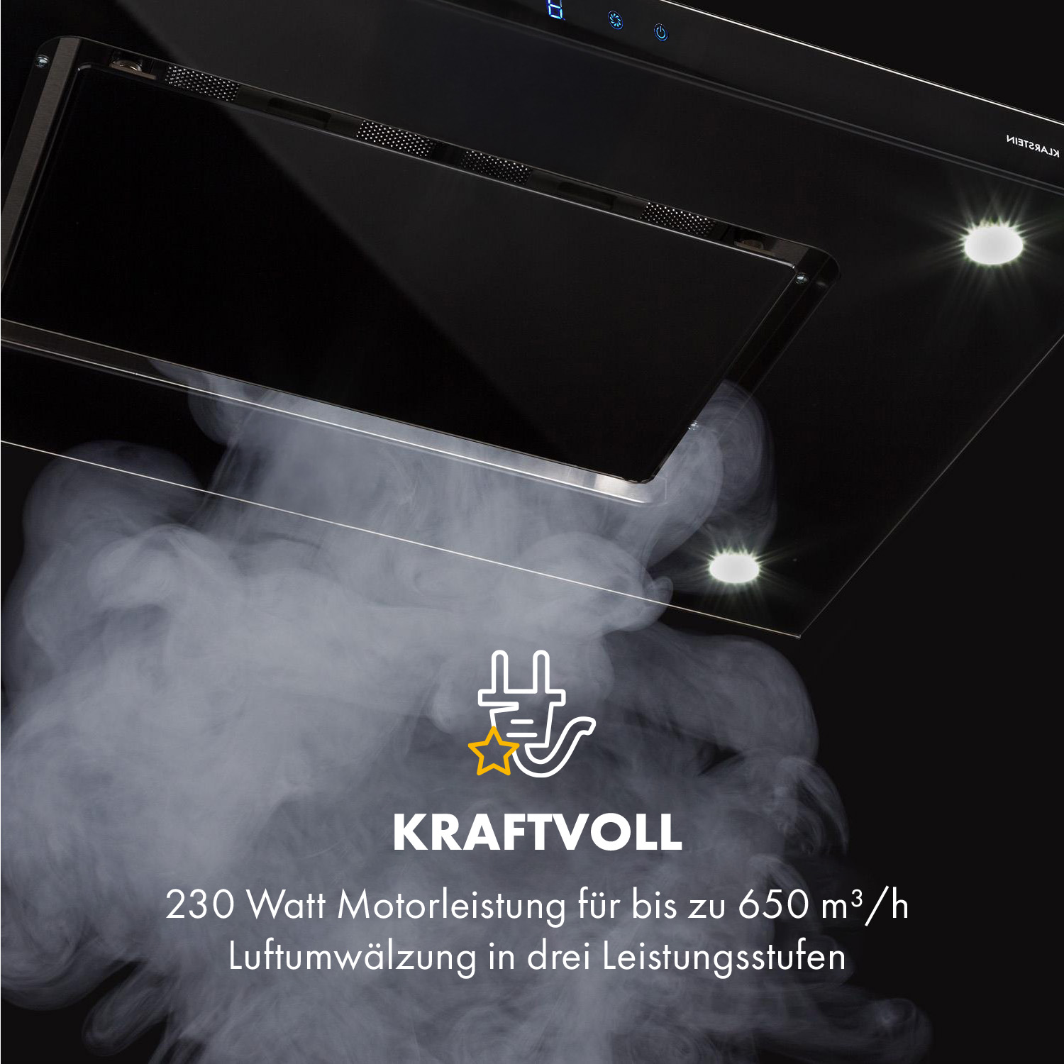 Dunstabzugshaube mit Rauch, Symbol und Text 'KRAFTVOLL'.