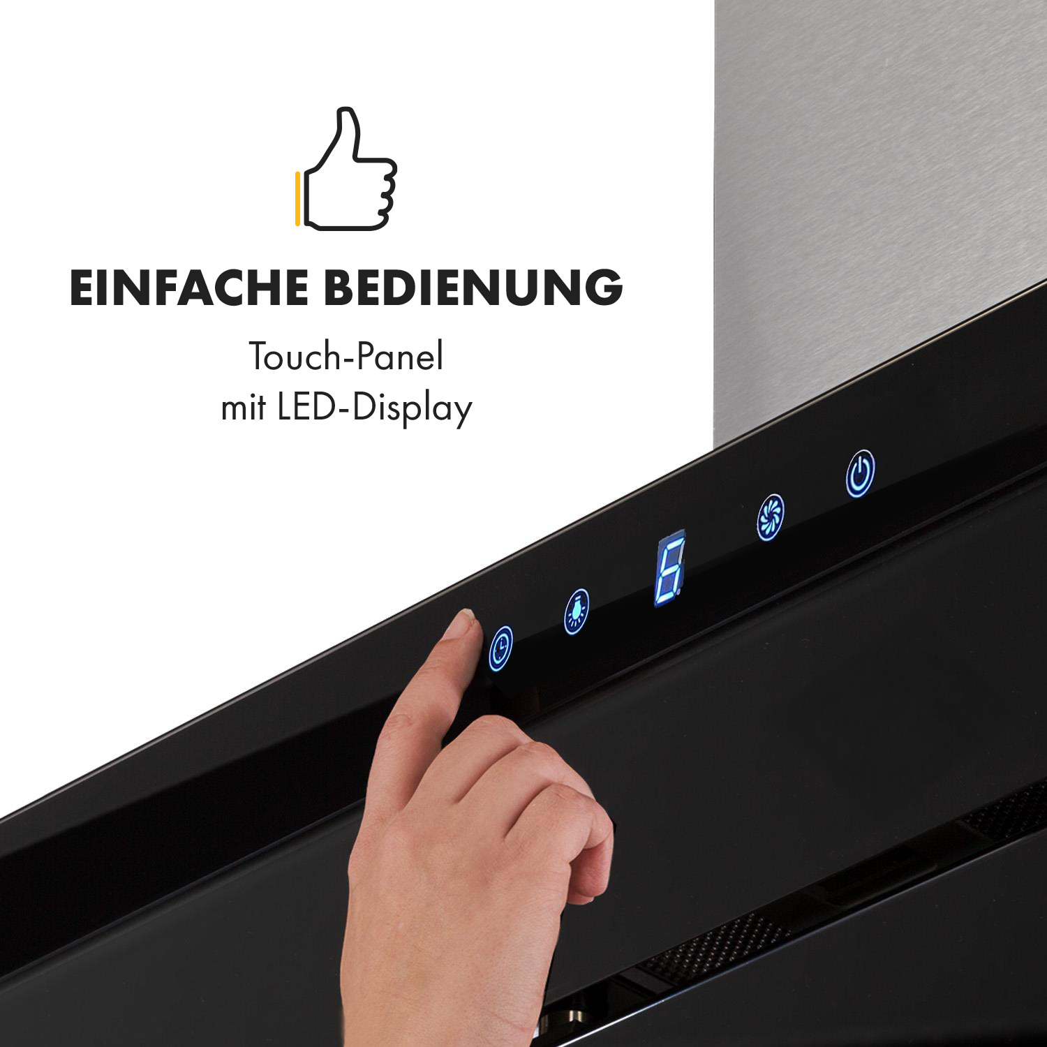 Daumen hoch Symbol und eine Hand berührt ein Touch-Panel mit LED-Display.