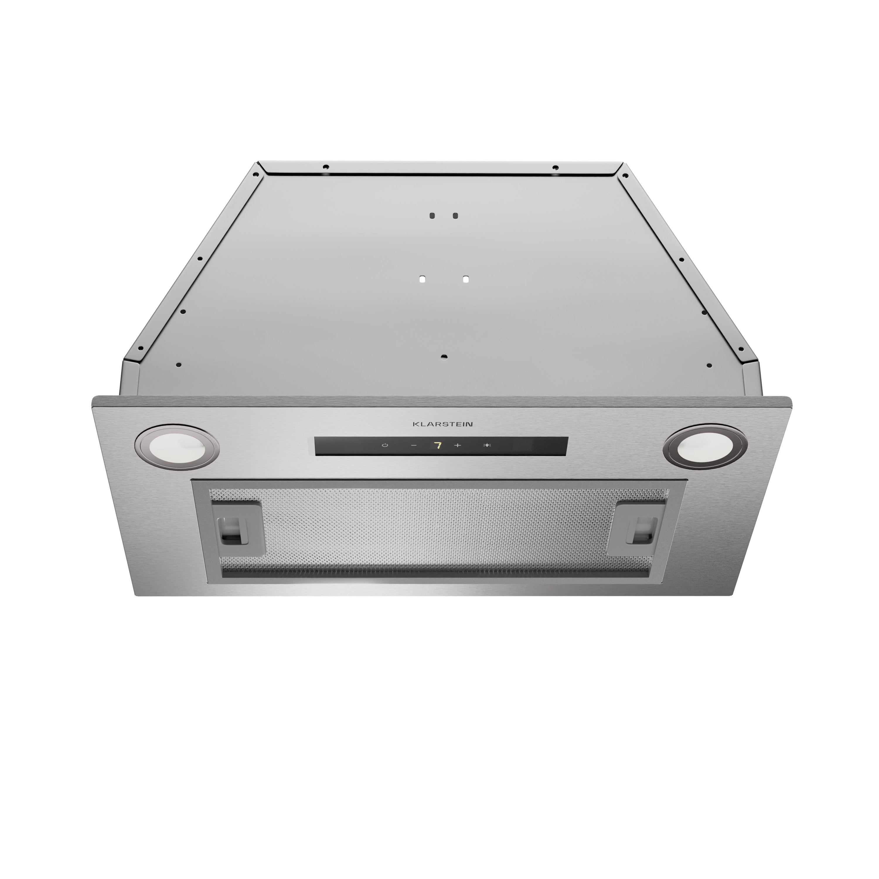 Cappa aspirante in acciaio inox con touchscreen e luci.