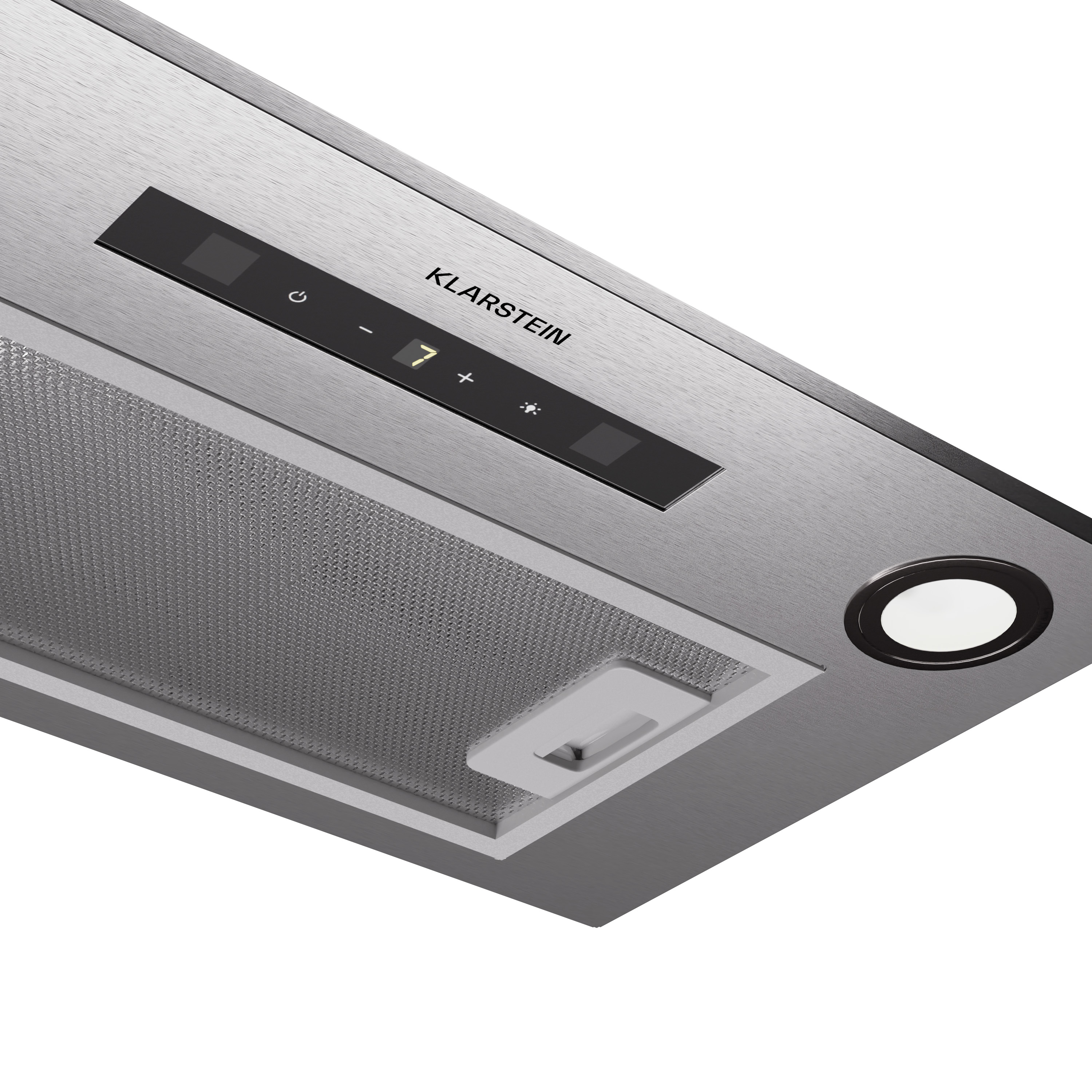 Cappa aspirante in acciaio inox con pannello touch, velocità ventola 7 e luce.