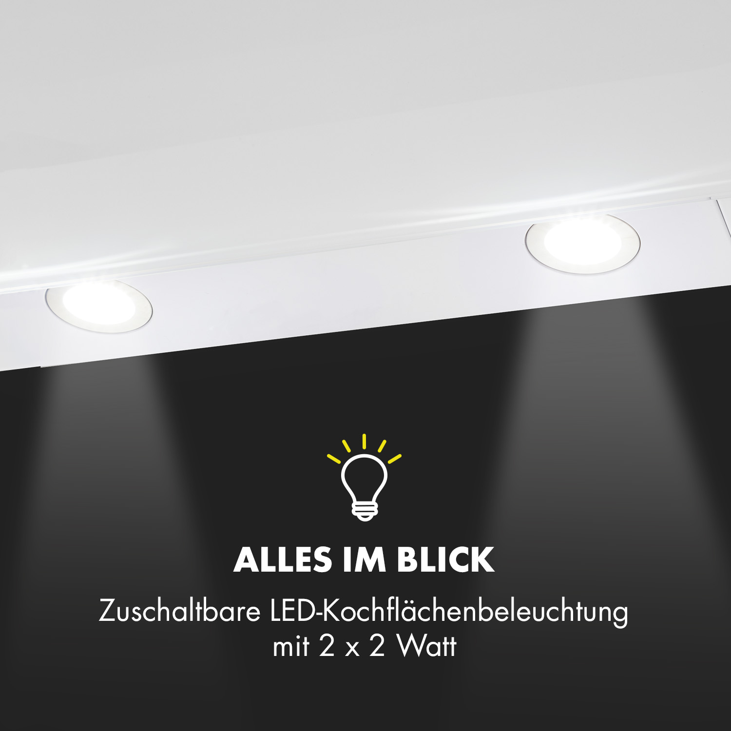 Zwei LED-Spots beleuchten eine dunkle Fläche. Text: Alles im Blick.