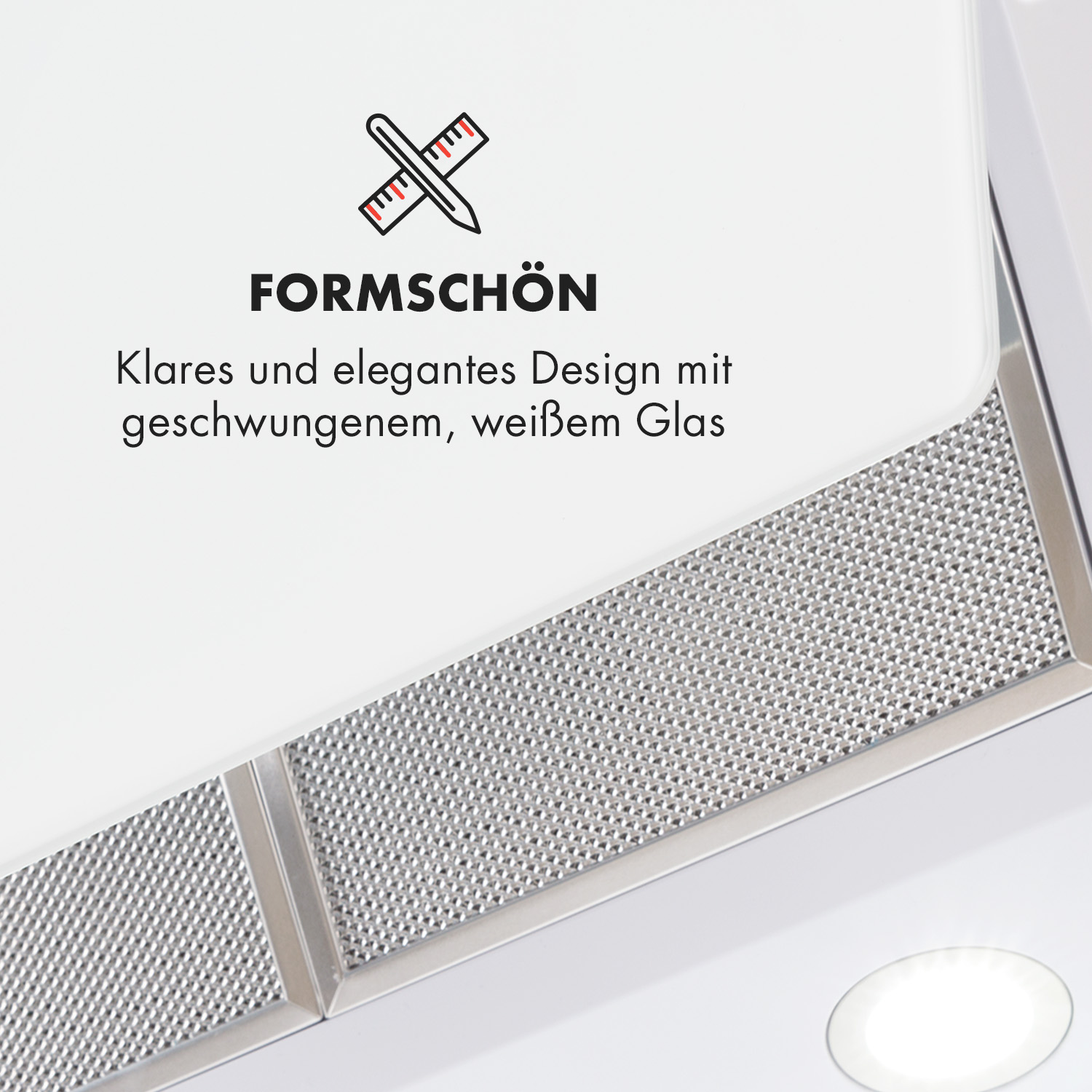 Abzugshaube mit klarem, elegantem Design und geschwungenem weißen Glas.