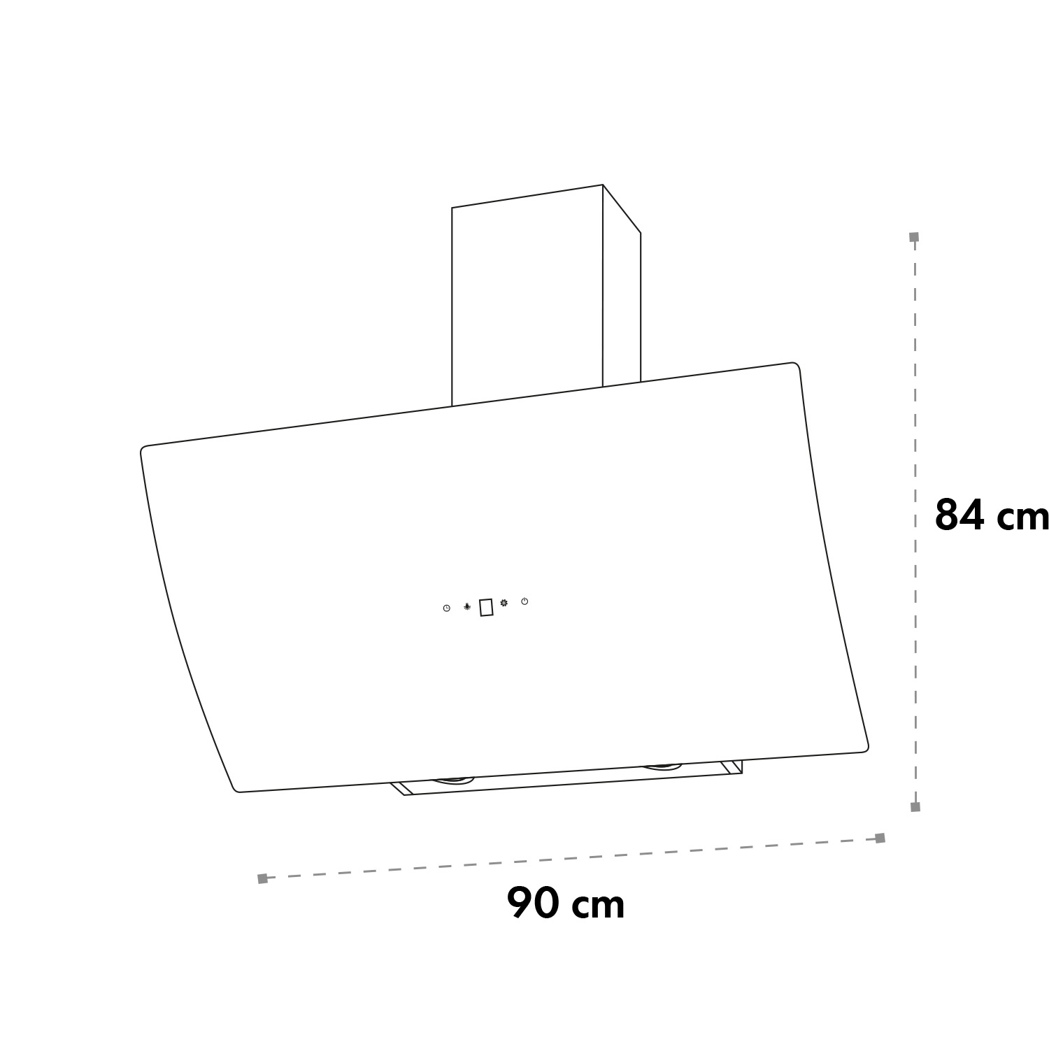 Eine Dunstabzugshaube mit den Maßen 90 cm Breite und 84 cm Höhe.
