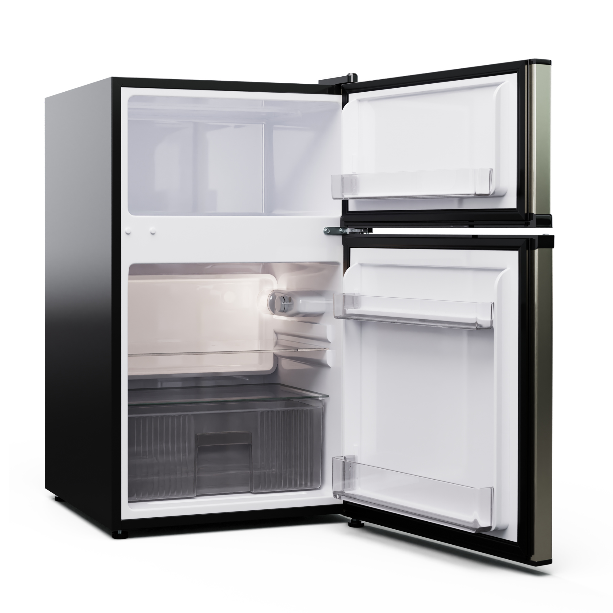 Ein schwarzer Kühlschrank mit geöffneter Tür und Regalen.
