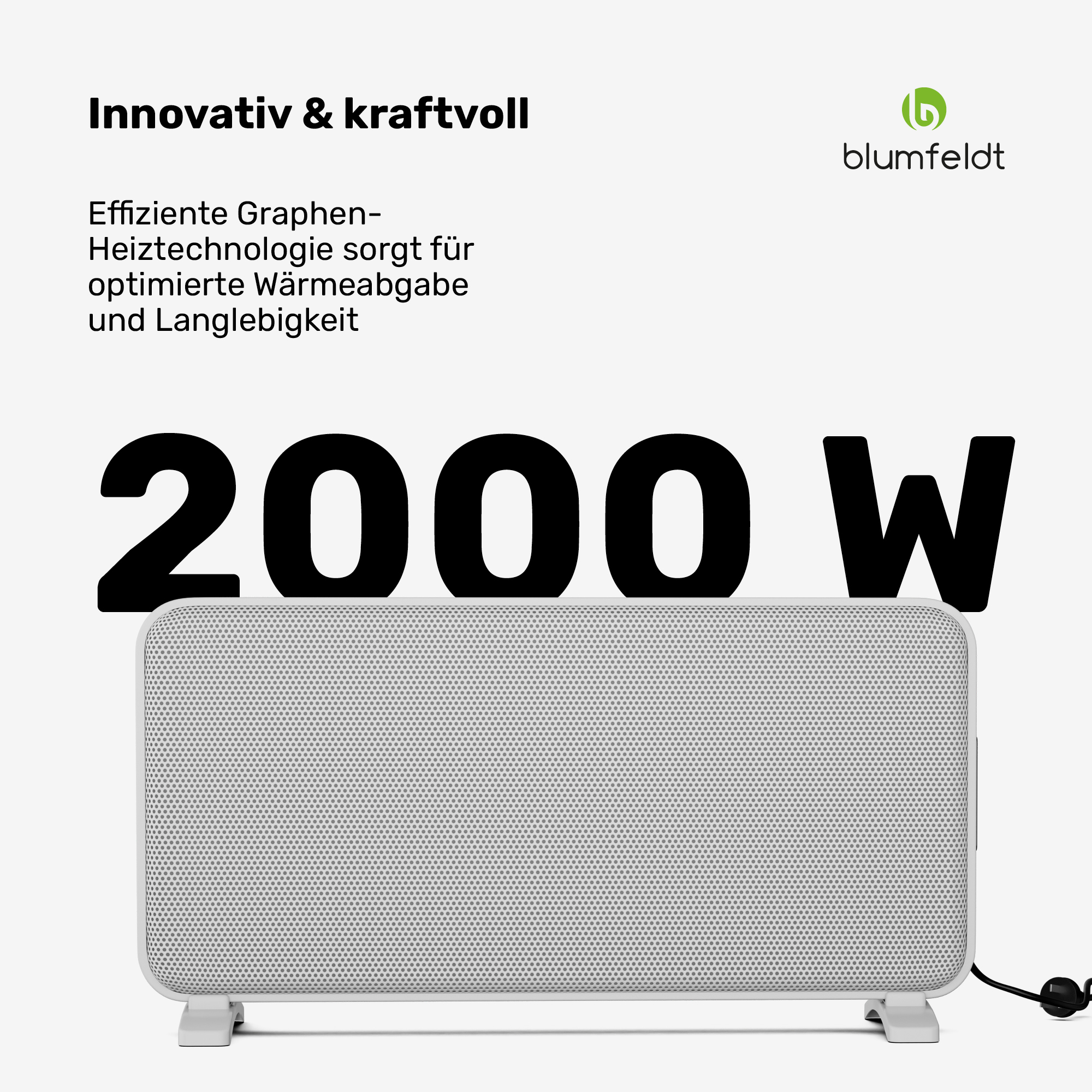 Ein weißer Heizkörper mit 2000W Leistung, Text "Innovativ & kraftvoll".