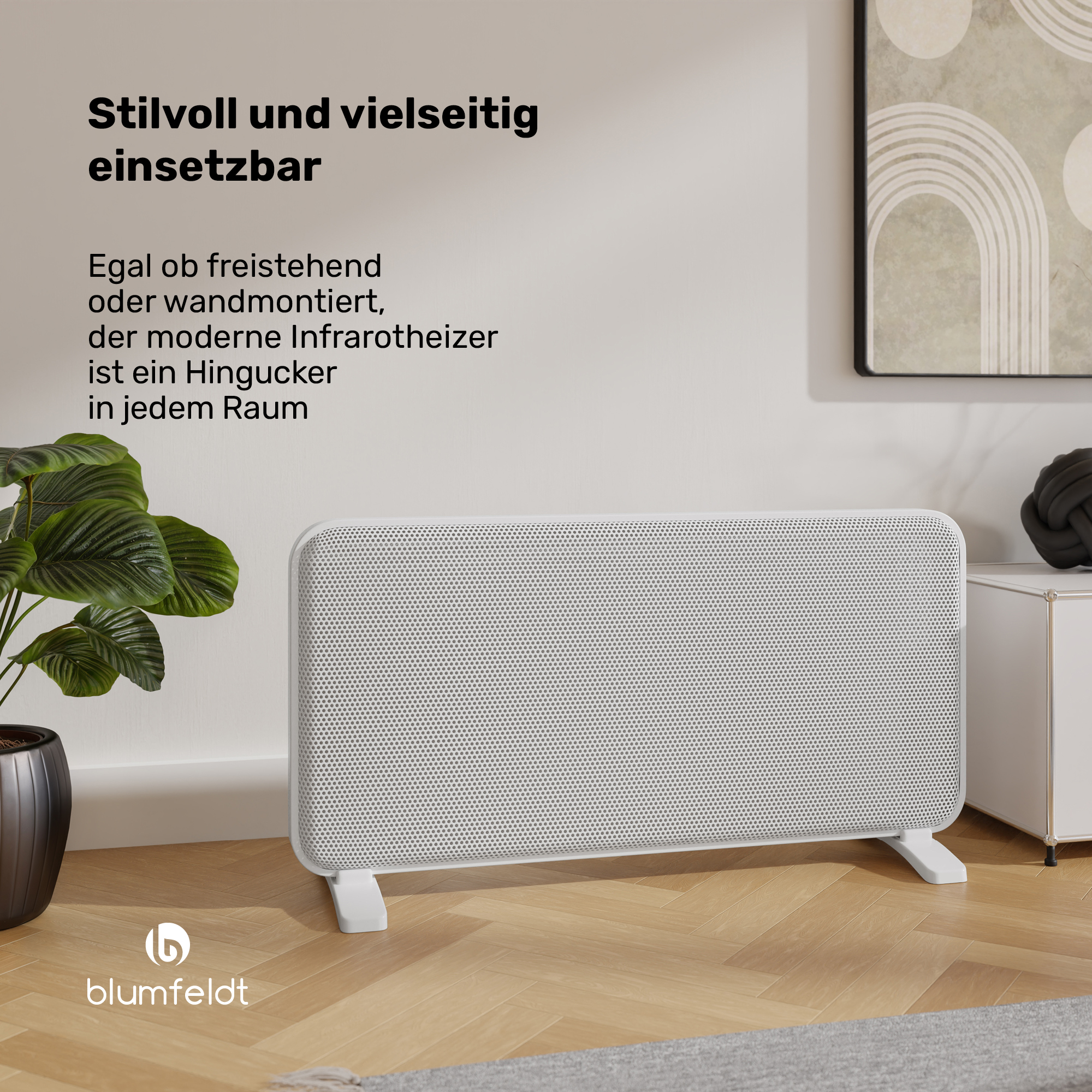 Ein weißer Infrarotheizer steht auf einem Holzboden neben einer Pflanze.