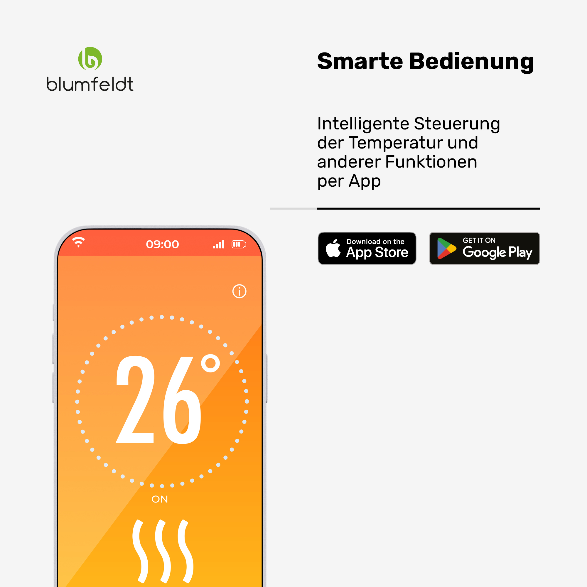 Smartphone-App zeigt 26 Grad. Blumfeldt Logo. Download-Buttons für App Store & Google Play.