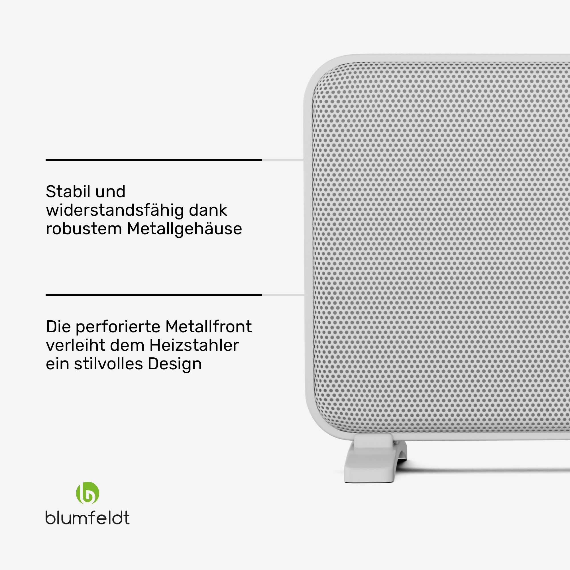 Ein weißer Heizkörper mit perforierter Metallfront und dezentem Logo.