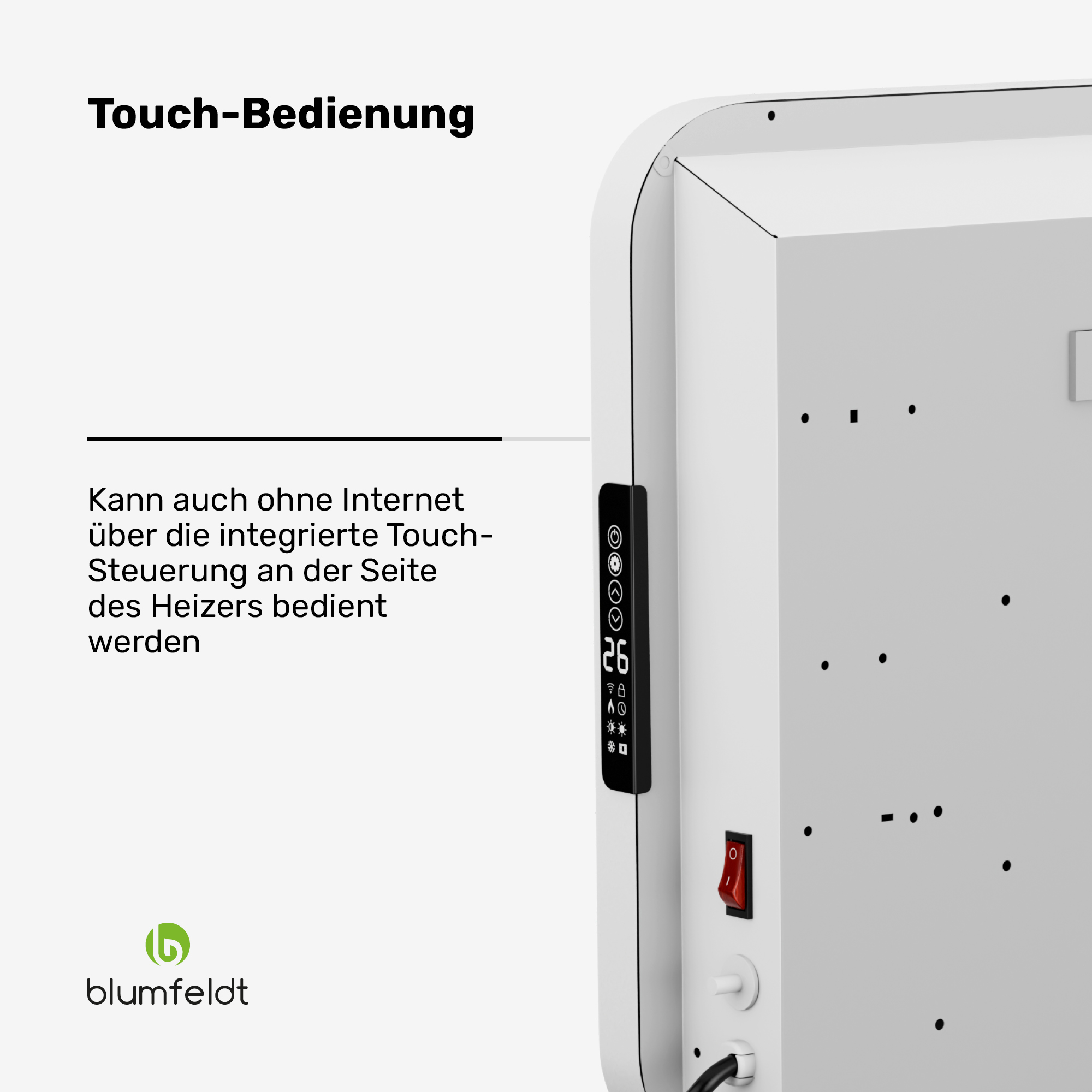 Ein weißer Heizkörper mit Touch-Bedienung und digitaler Anzeige der Temperatur 26°C.