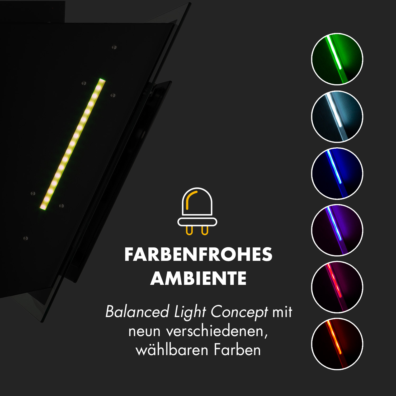 Ein Dunstabzug mit gelben LEDs und runden Kreisen, die grüne, weiße, blaue, violette, rote und orangefarbene Lichter zeigen.