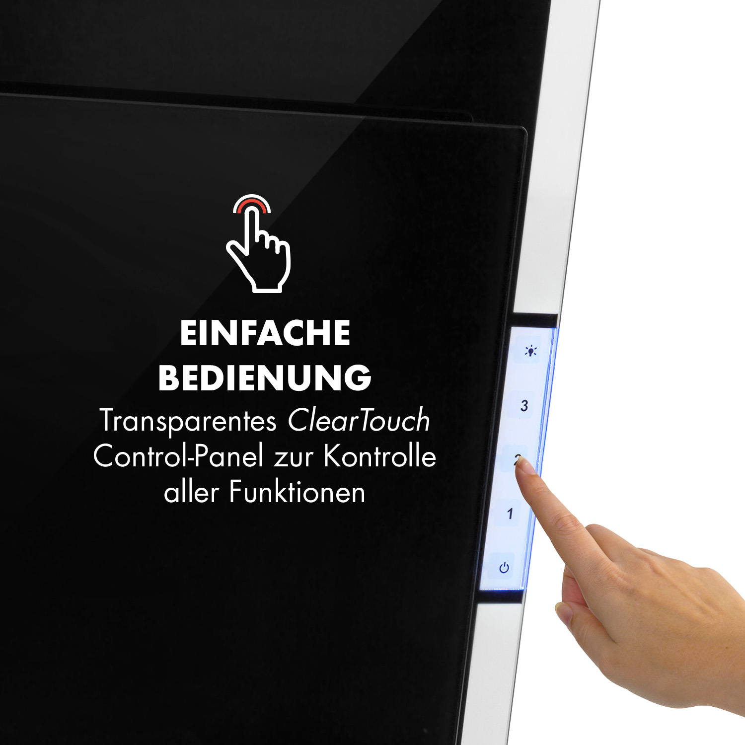 Eine Hand berührt ein Glasbedienfeld mit beleuchteten Tasten 1, 2, 3.