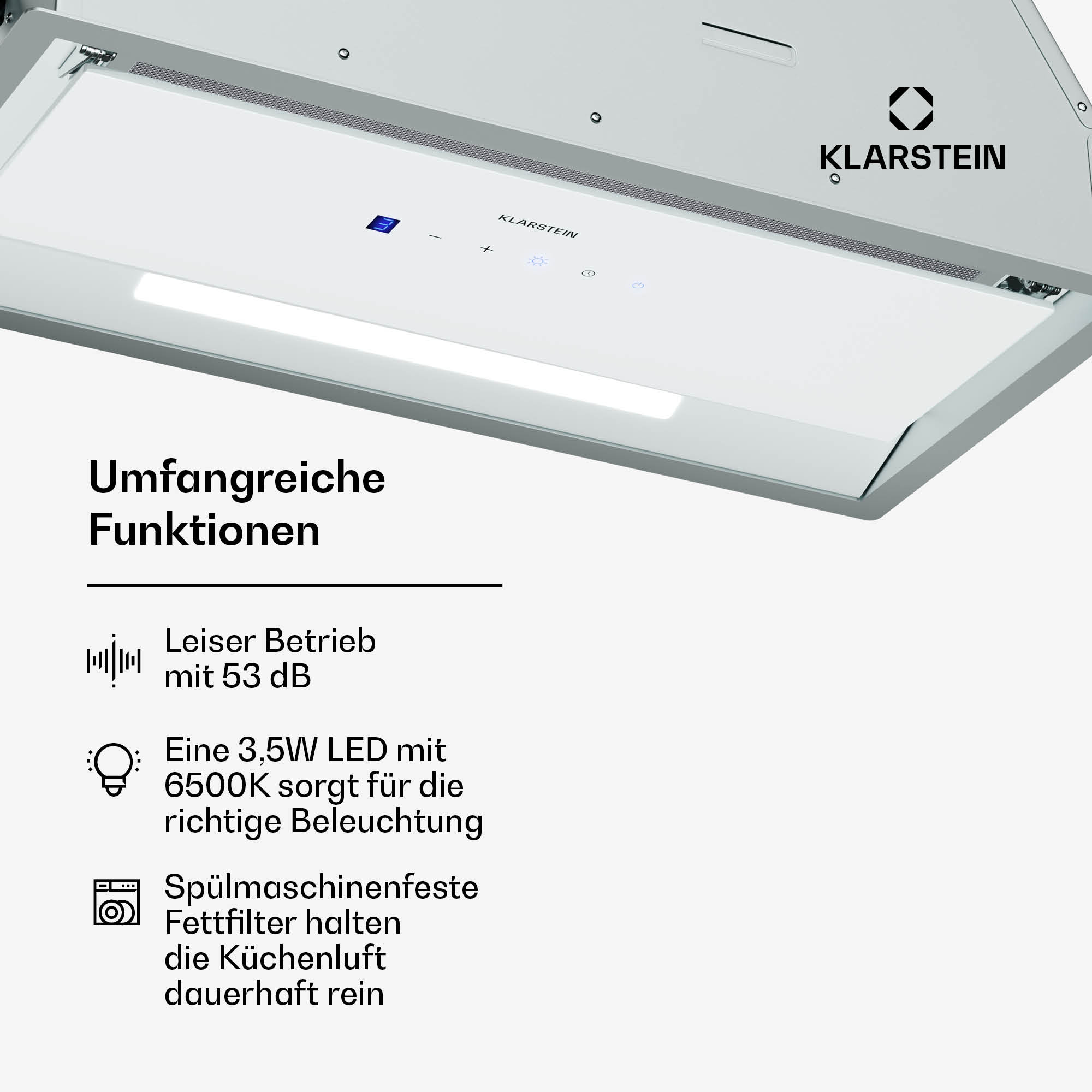 Klarstein Dunstabzugshaube mit LED-Beleuchtung, Touch-Bedienung und leisen Betrieb.