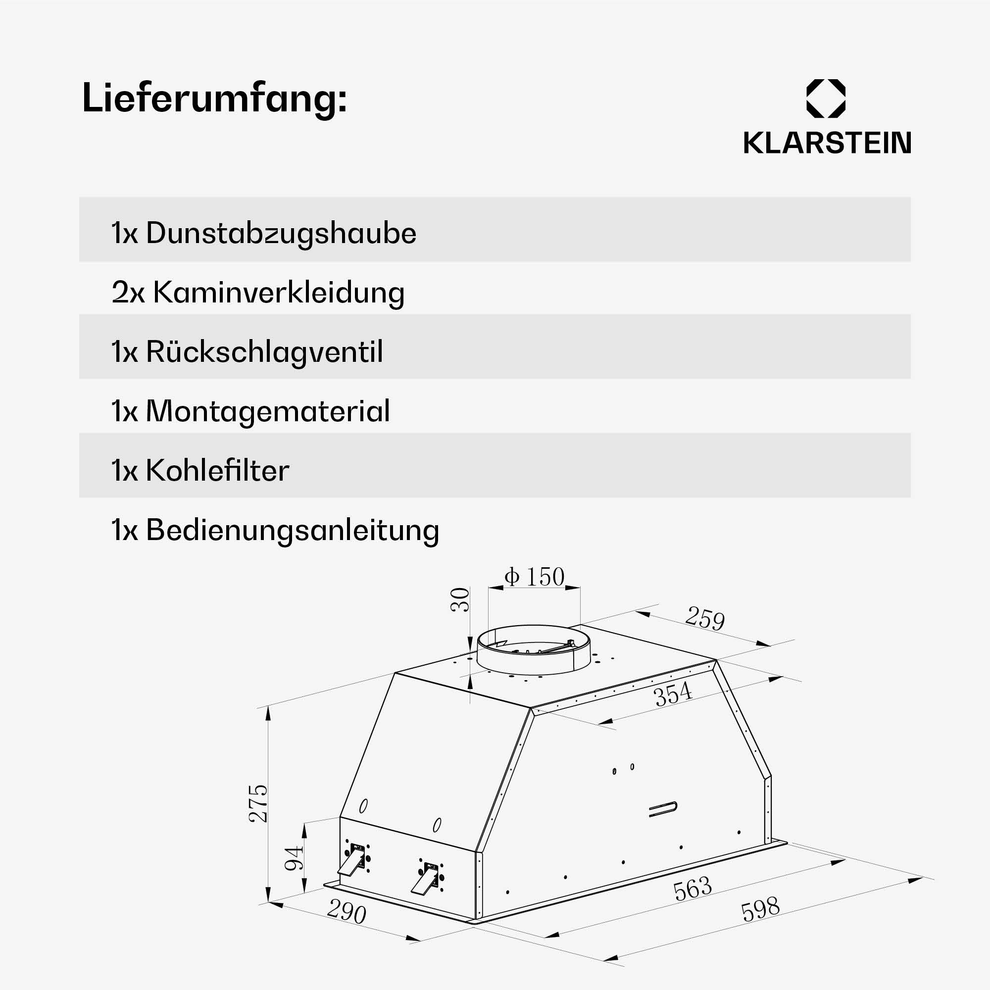 Technische Zeichnung einer Dunstabzugshaube mit Maßen und Lieferumfang.