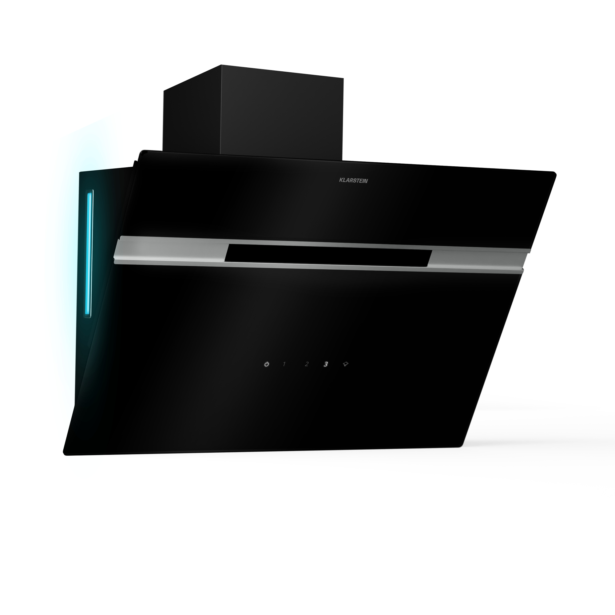 Cappa aspirante nera con controlli touch e illuminazione blu.