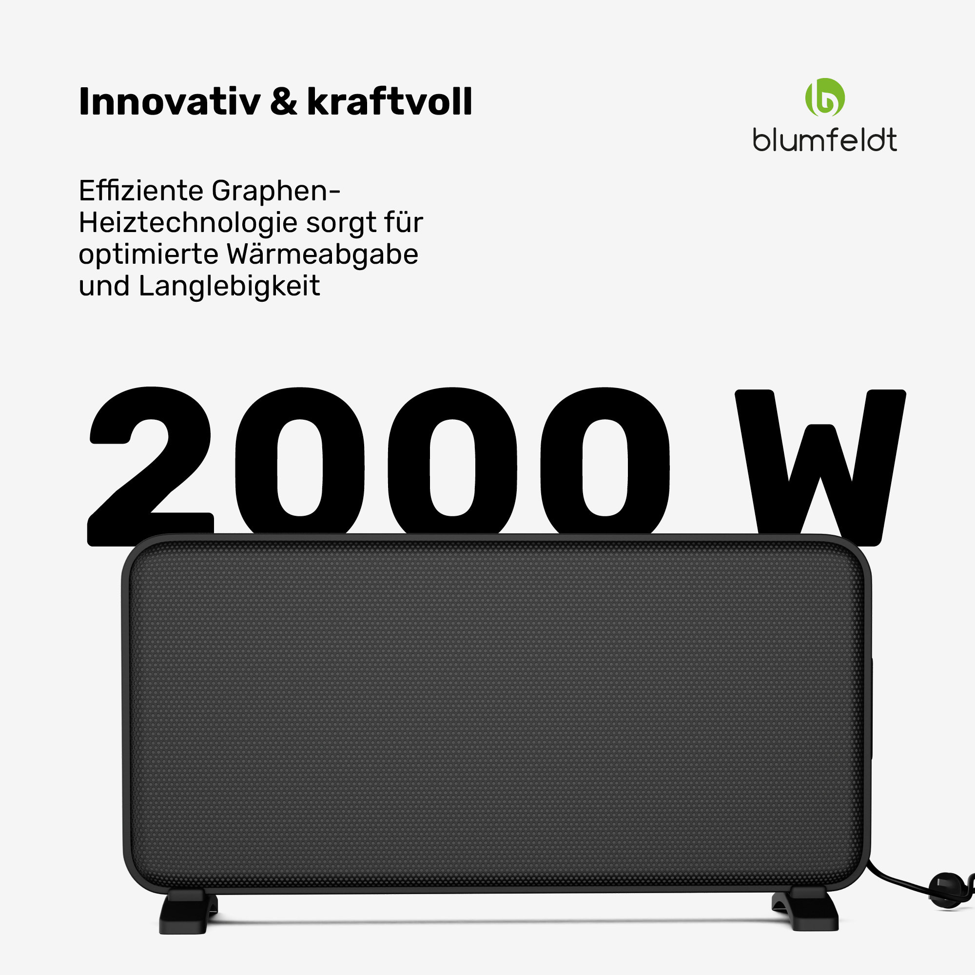 Schwarzer Heizkörper mit 2000 W und Text über Graphen-Heiztechnologie.