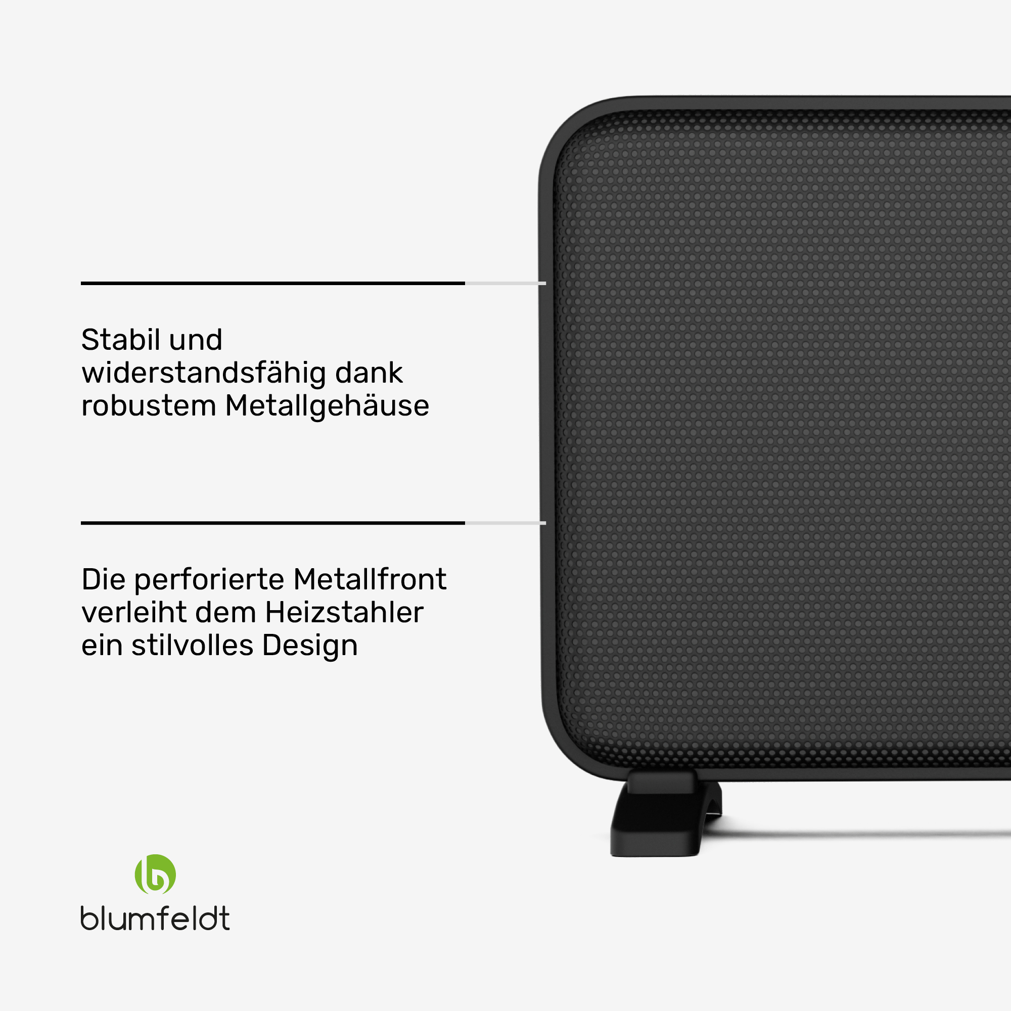 Schwarzer Heizstrahler mit perforierter Metallfront und Logo.