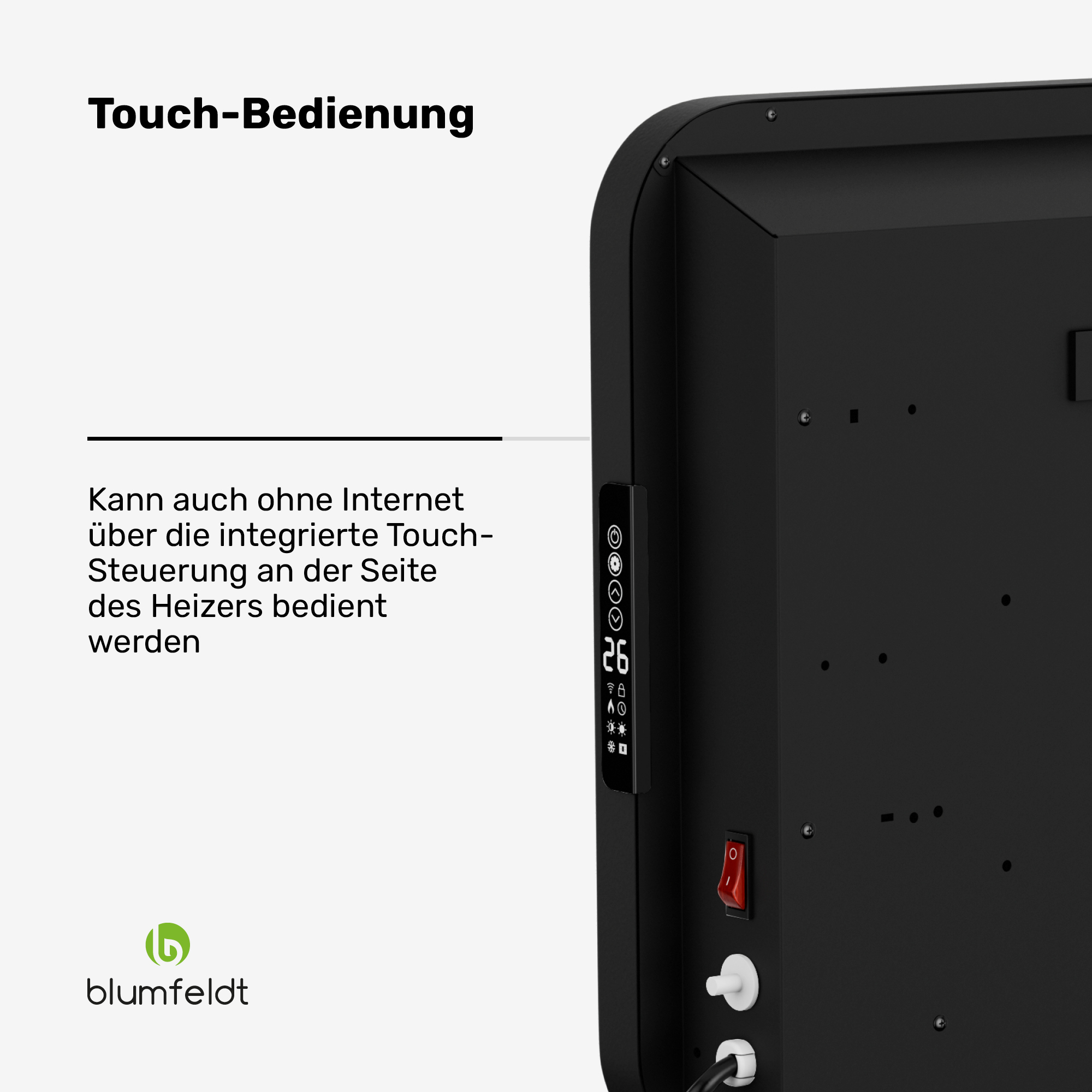 Schwarzer Heizkörper mit Touch-Bedienfeld, Temperaturanzeige und Schalter.