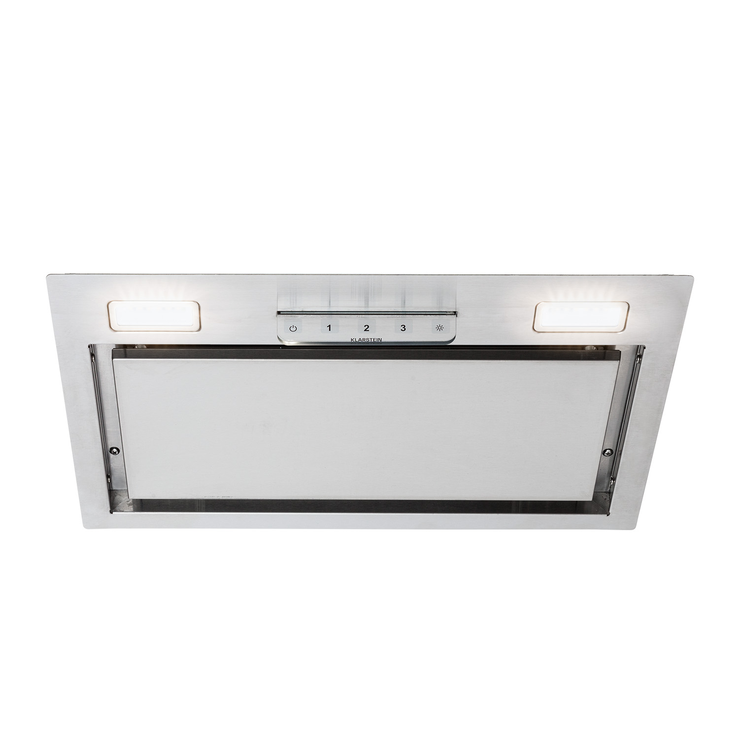 Cappa aspirante in acciaio inox con luci e comandi.