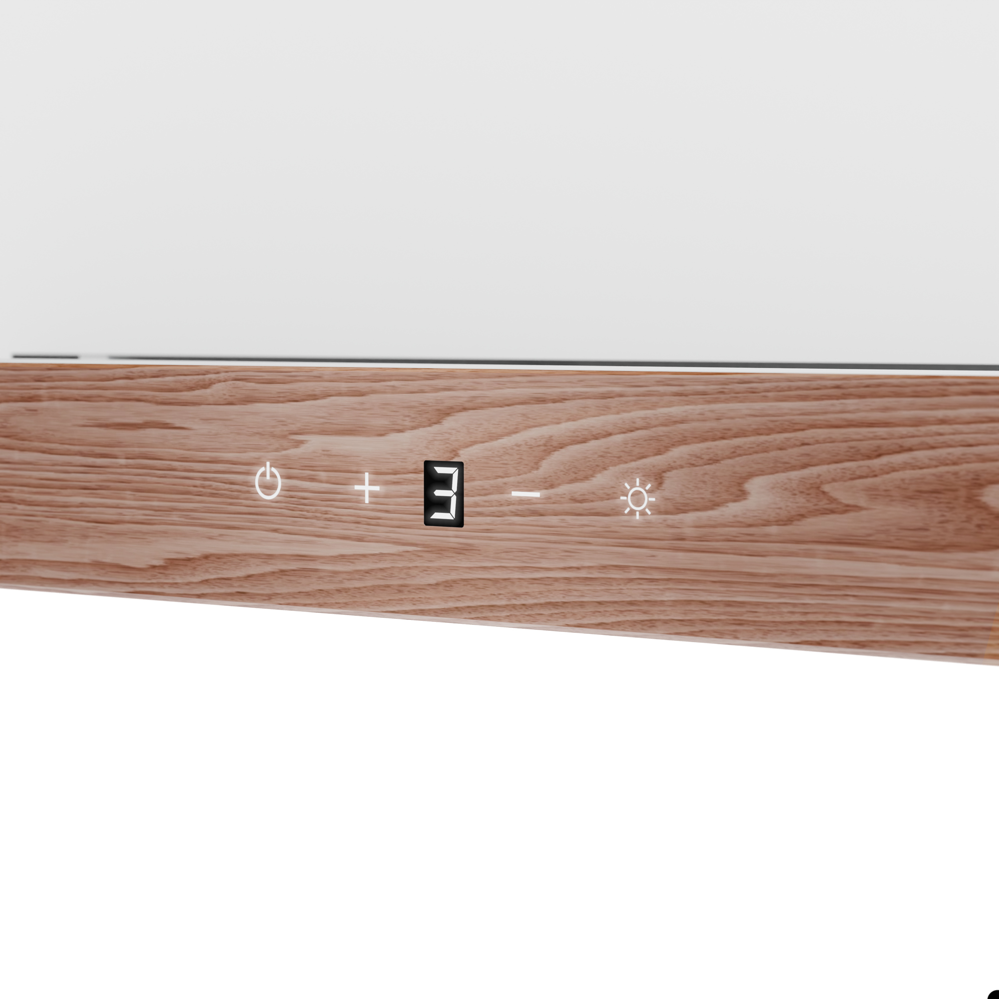 Pannello effetto legno con controlli digitali: accensione, più, 3, meno, luce.