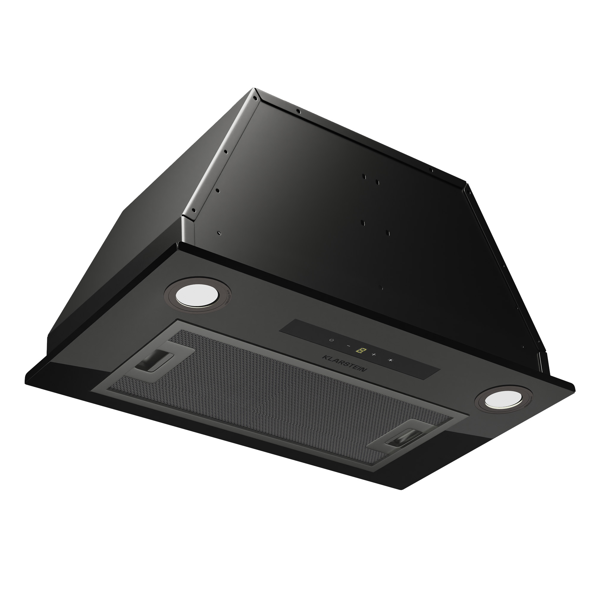 Cappa aspirante nera con comandi touch e luci.