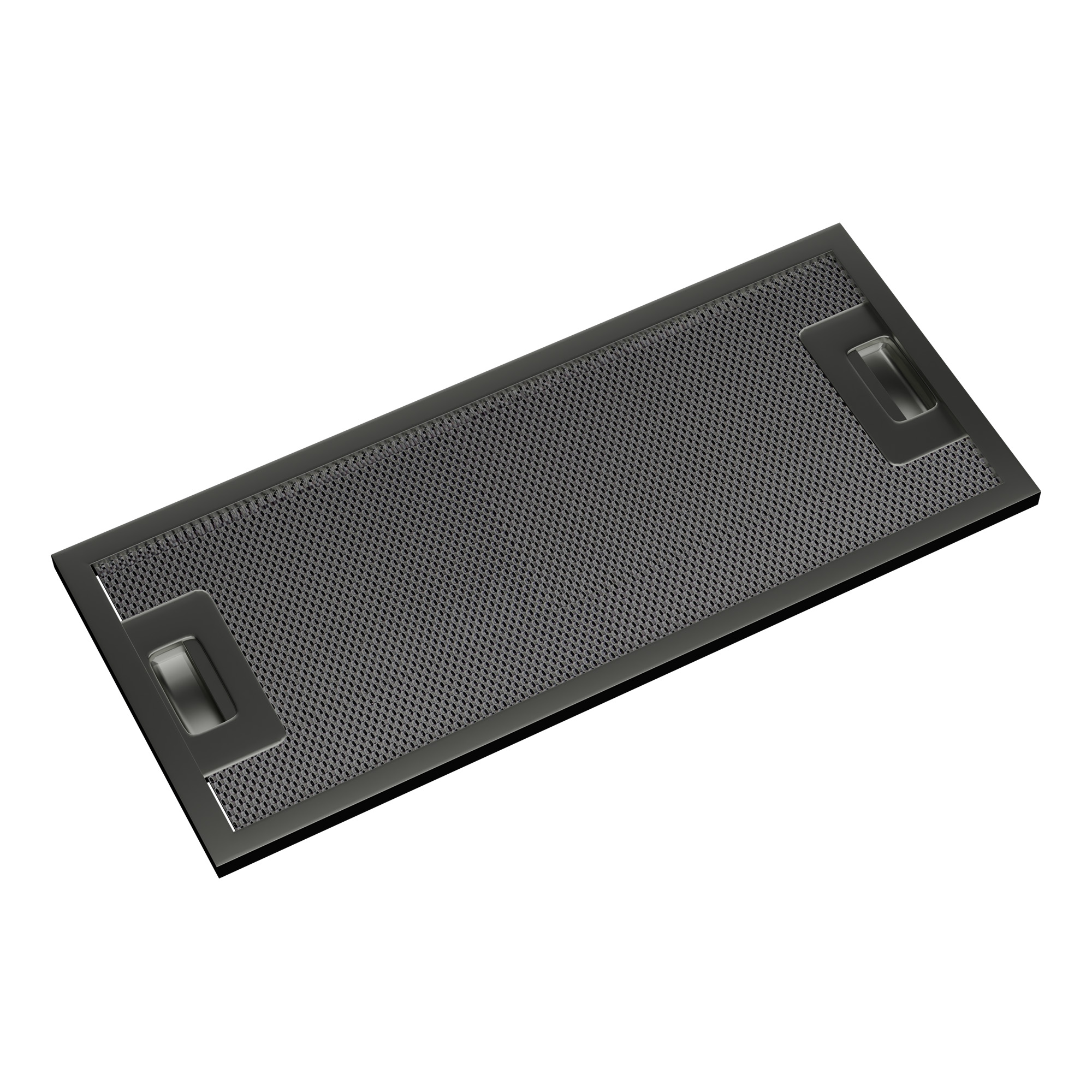 Filtro cappa da cucina grigio scuro con cornice rettangolare in metallo e manici.