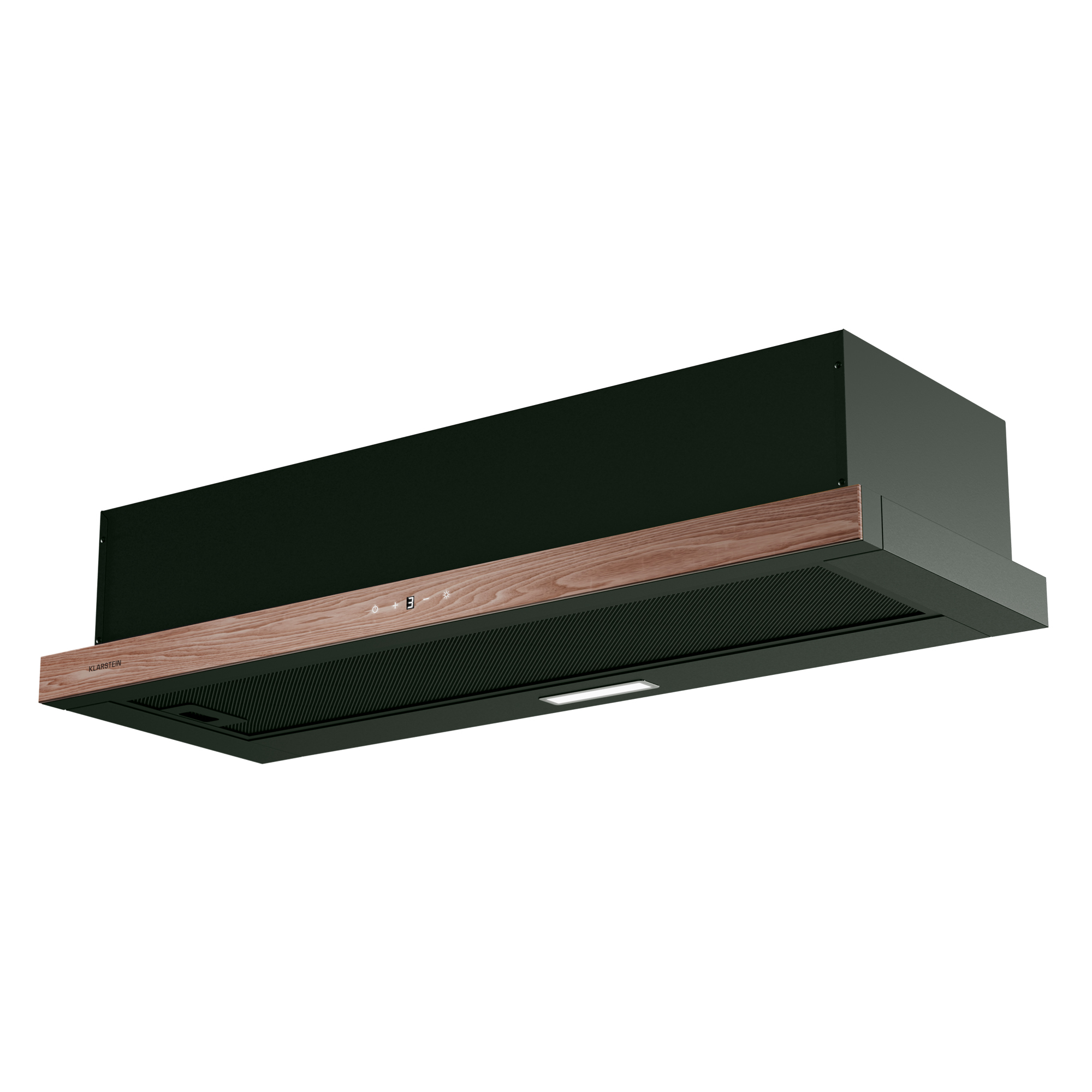 Cappa da cucina con finiture in legno e nero, con controlli touch e luce.