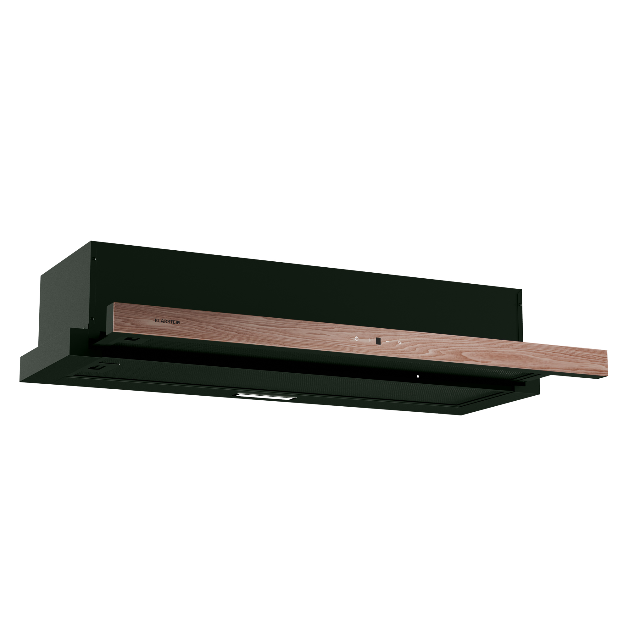 Cappa aspirante grigio scuro con finiture in legno e pulsanti di controllo.