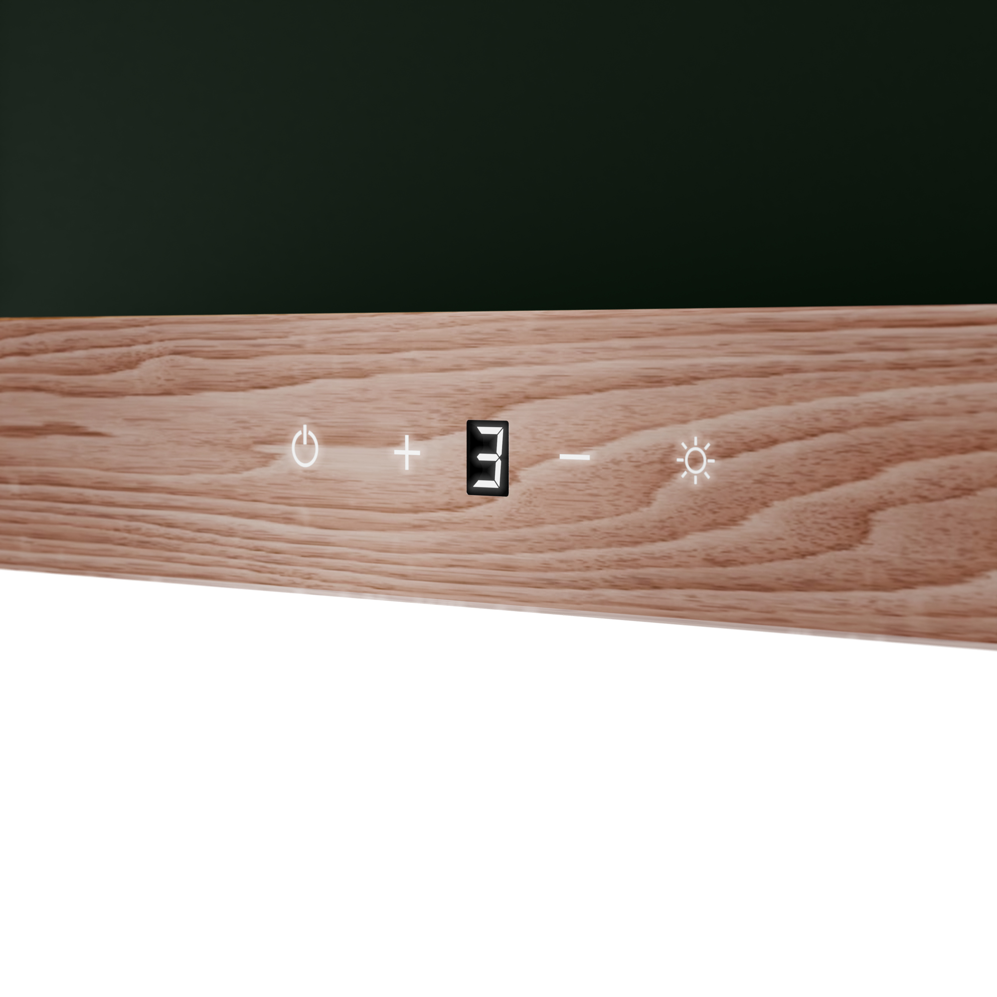 Superficie in legno con controlli touch: accensione, più, cifra 3, meno, luce.