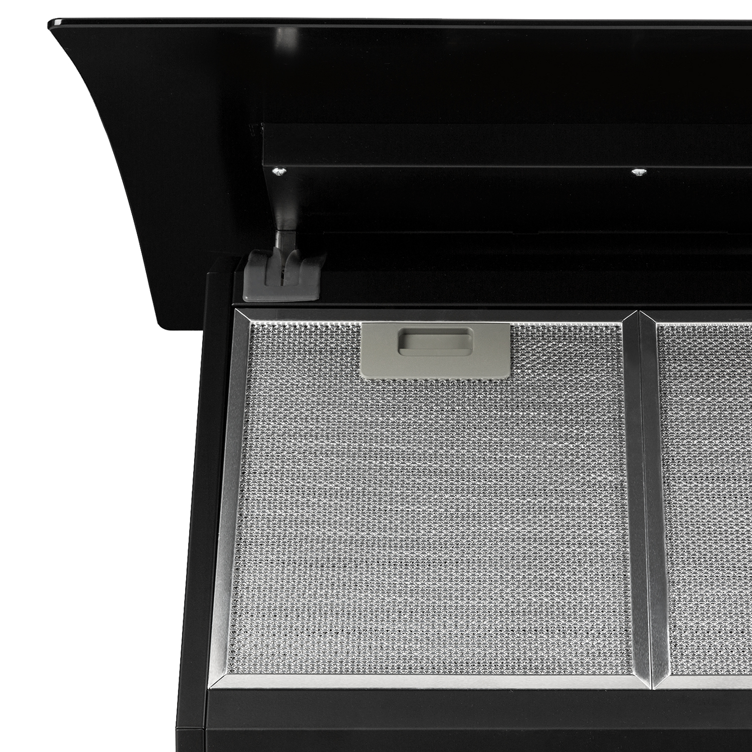 Nahaufnahme einer schwarzen Dunstabzugshaube mit Metallfiltern und Griff.