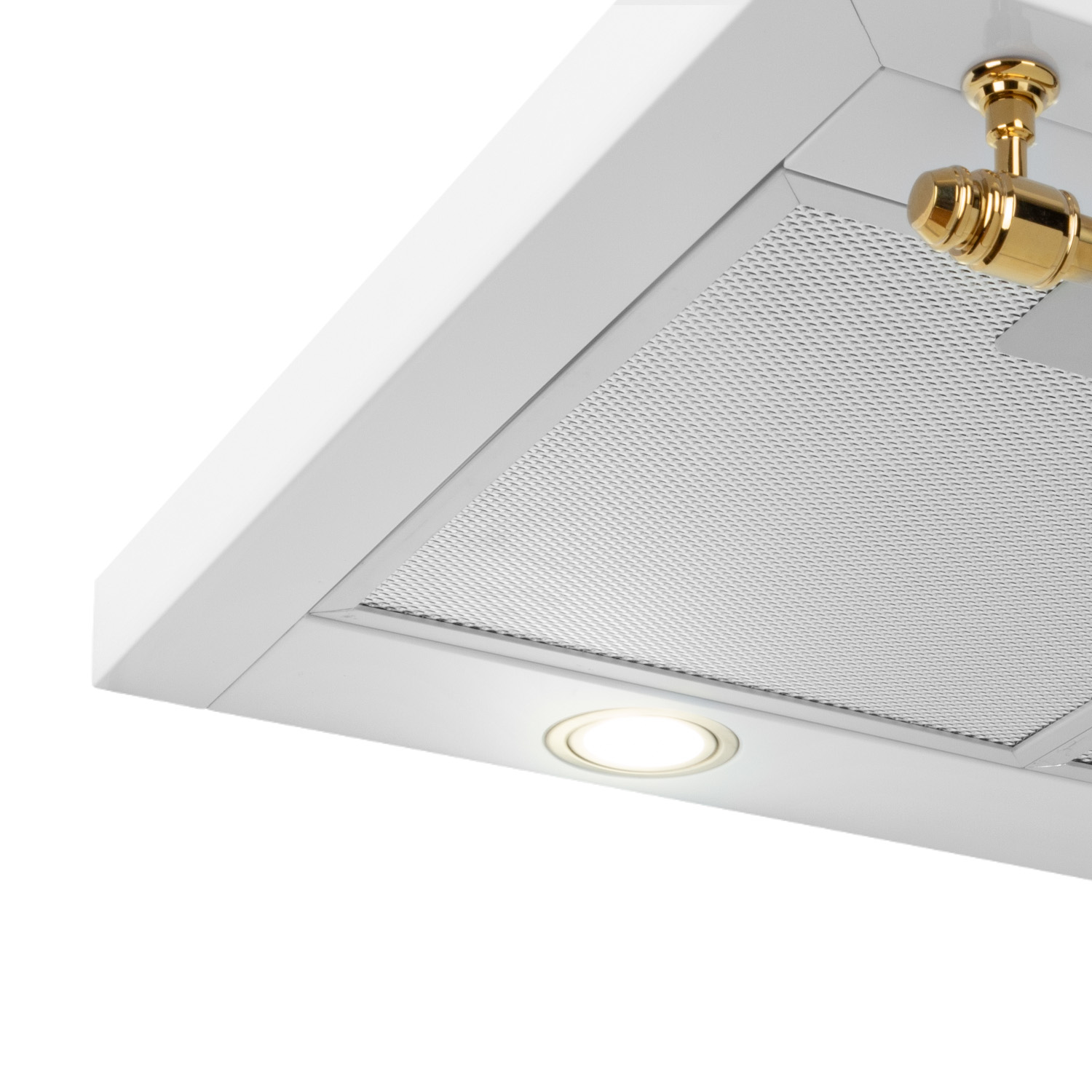 Finitura bianca cappa con accenti dorati e luce illuminata.