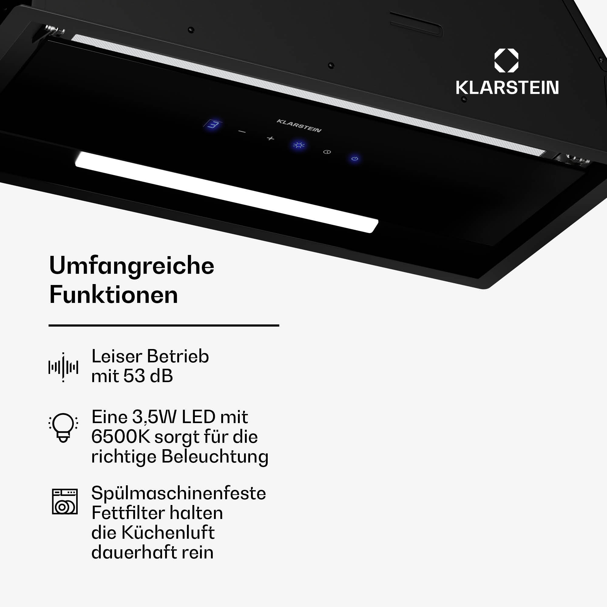 Schwarze Dunstabzugshaube mit LED-Beleuchtung und Bedienfeld.