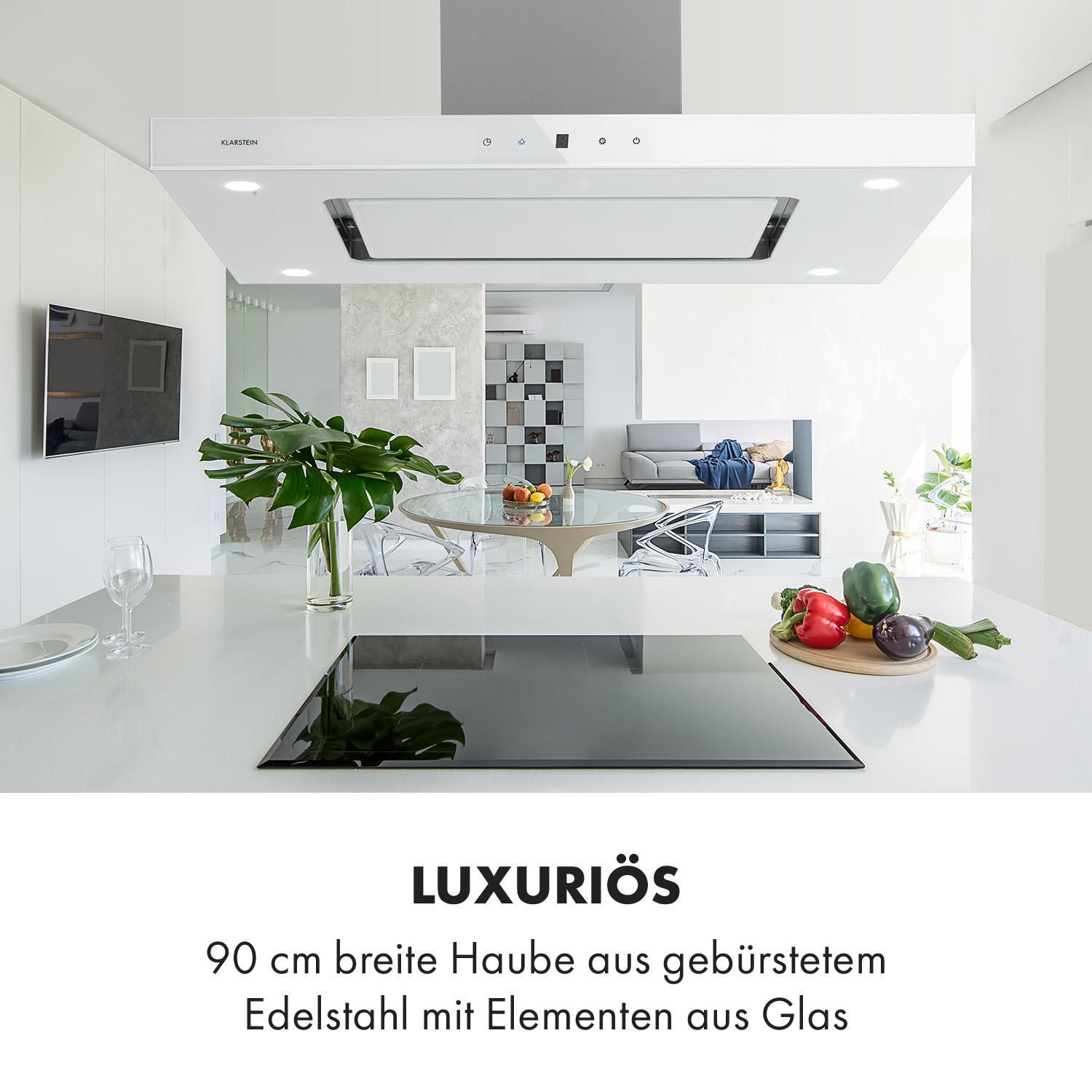 Moderne Küche mit Kochinsel, Dunstabzugshaube, Induktionskochfeld und Sitzbereich.