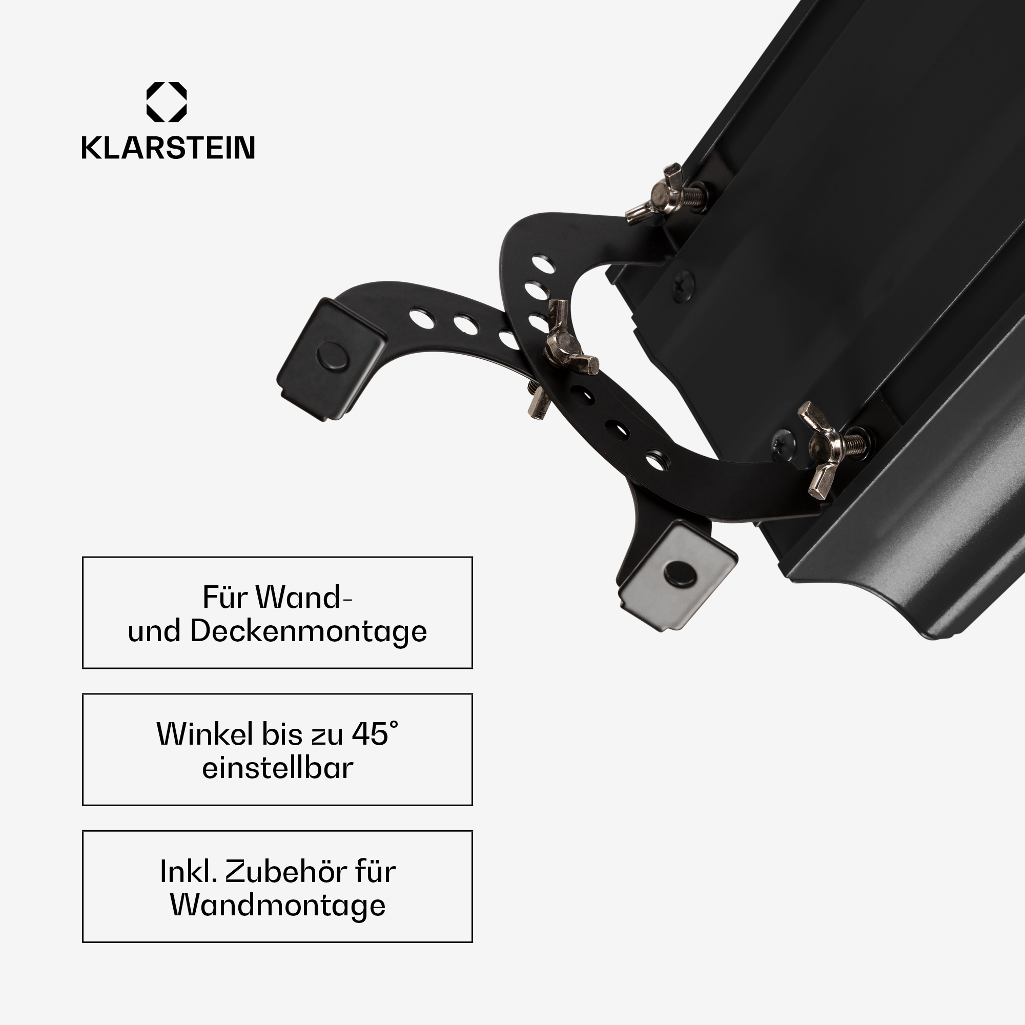 Soporte negro con tornillos para montaje en pared y techo. Ángulo ajustable hasta 45°.