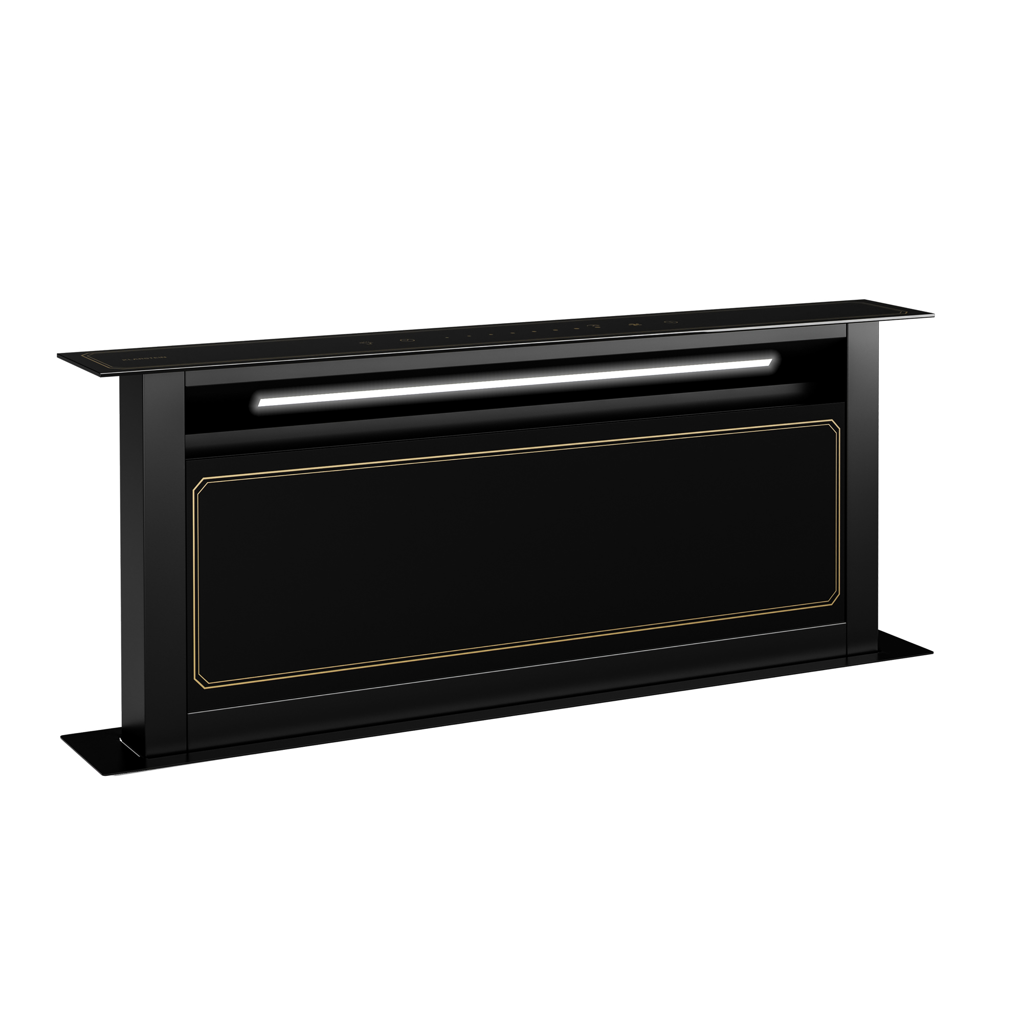 Schwarzer Dunstabzug mit goldener Umrandung und LED-Beleuchtung.