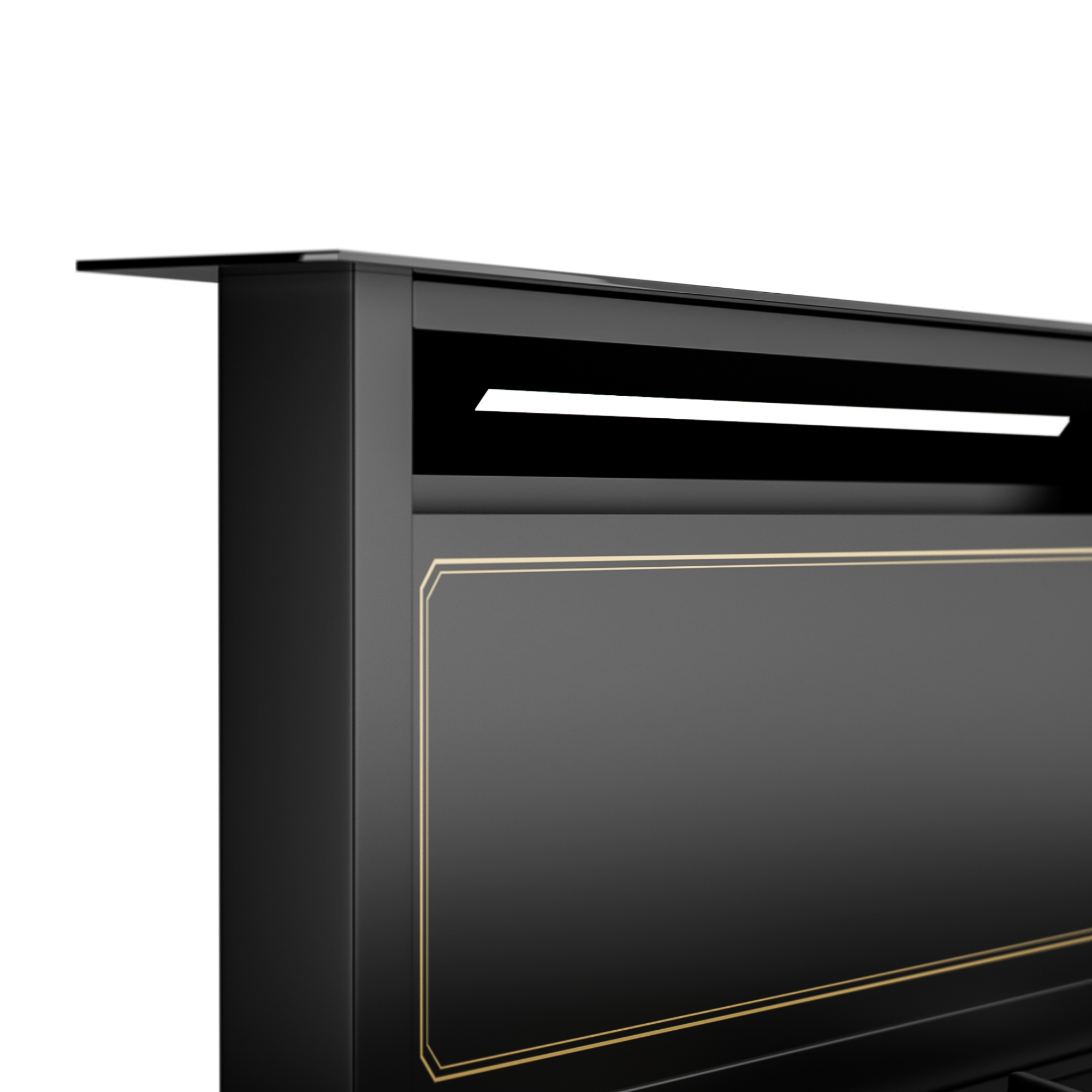 Schwarzer Kamin mit goldener Umrandung und einer schmalen horizontalen Öffnung.