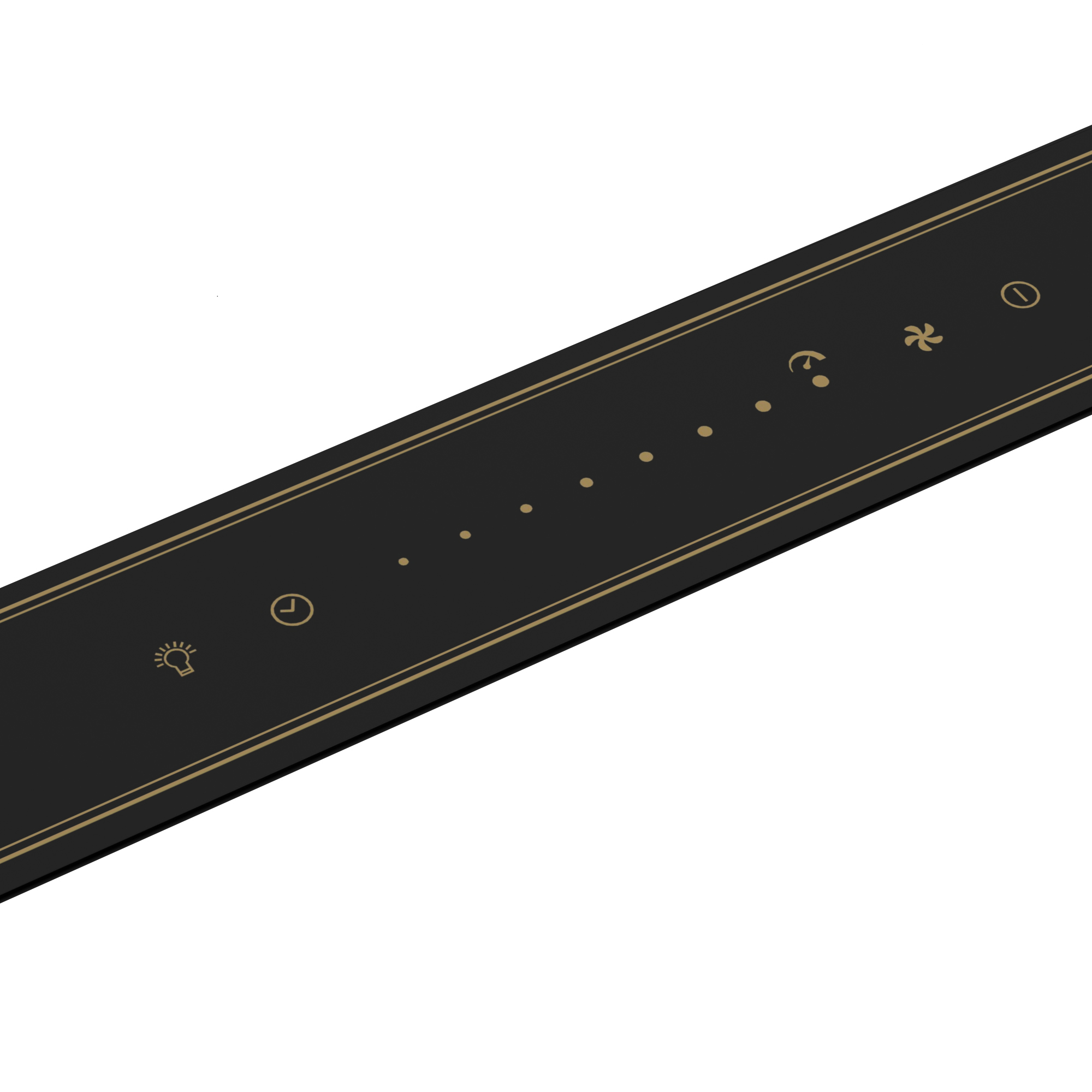 Schwarzes Band mit goldenen Linien, Symbolen für Licht, Zeit, Ventilator und Ein/Aus.
