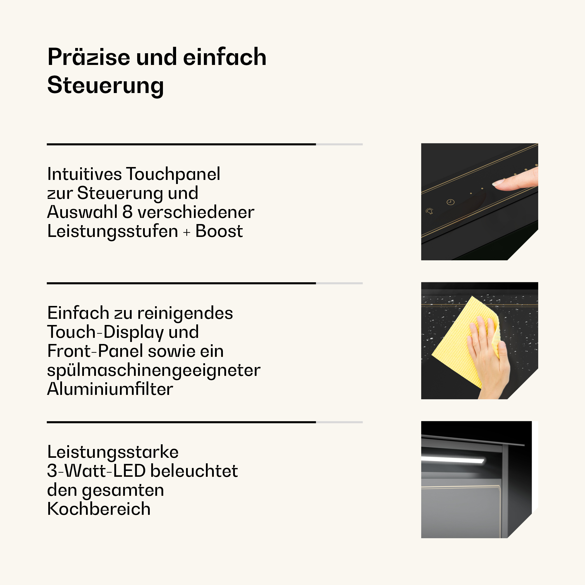 Präzise Steuerung mit Touchpanel, Reinigung & LED-Beleuchtung.