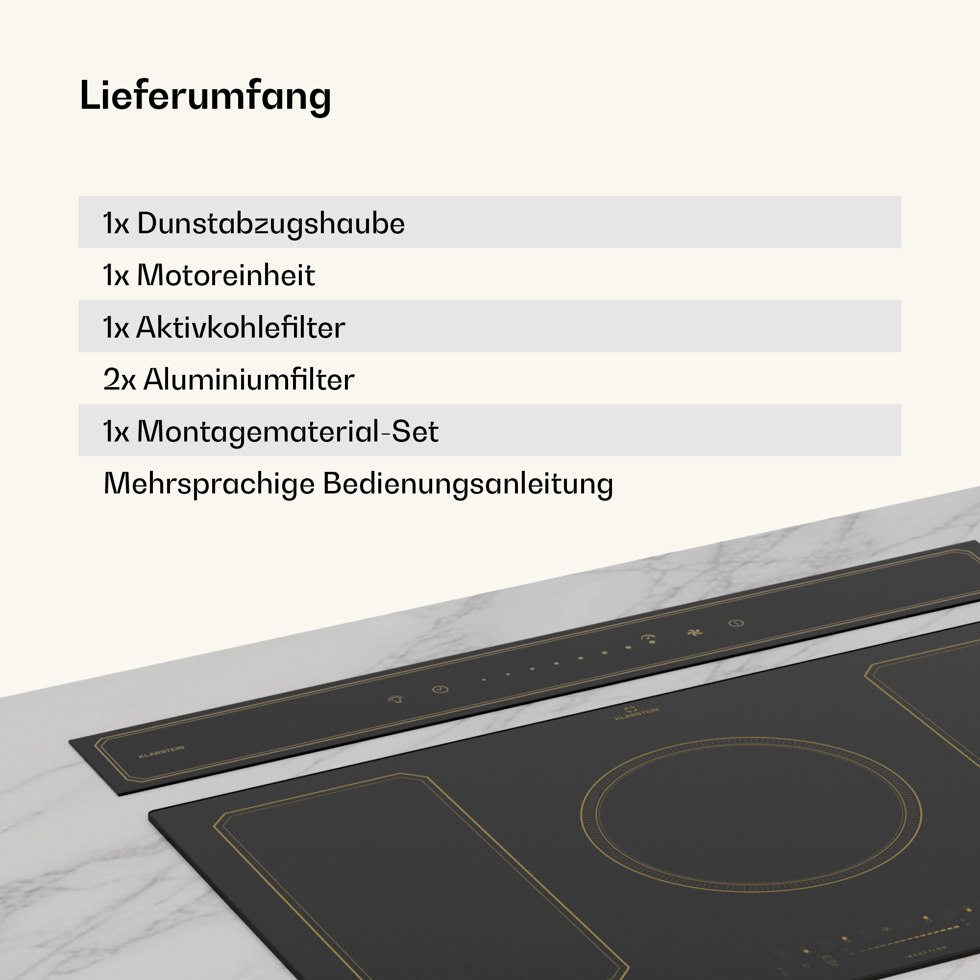 Liste der enthaltenen Artikel: Haube, Motor, Filter, Montageset, Handbuch.