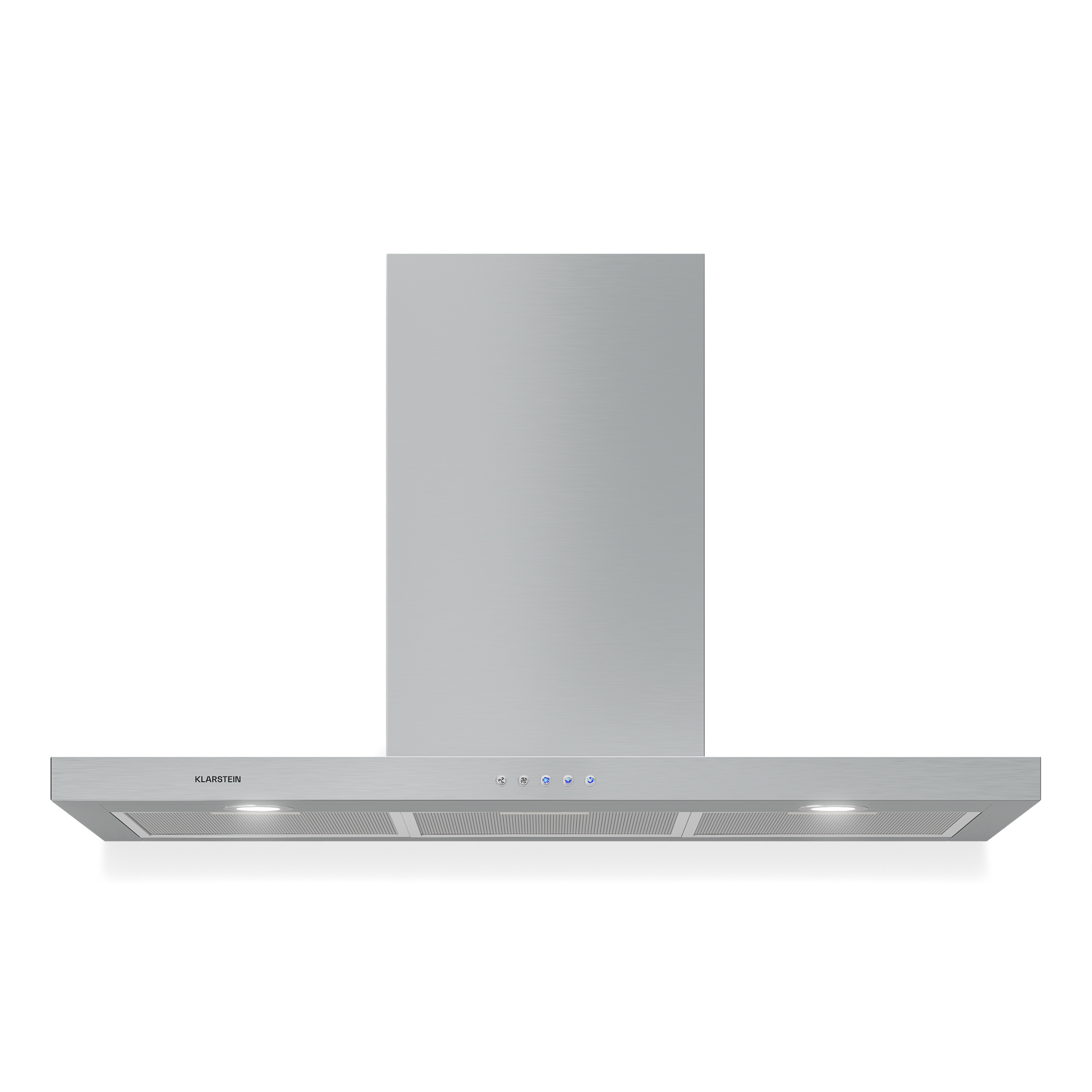 Eine silberne Dunstabzugshaube mit Touch-Bedienfeld und Lichtern.