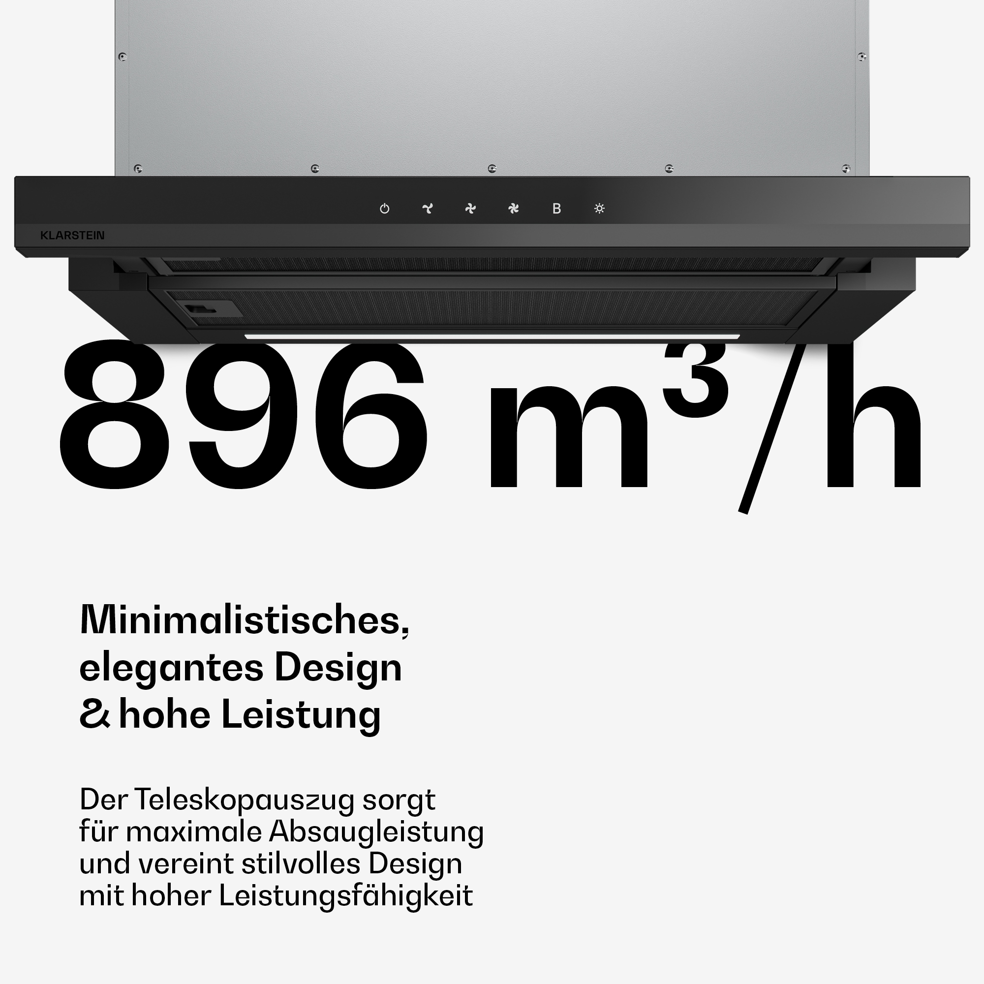 Cappa Klarstein nera con 896 m³/h di aspirazione.