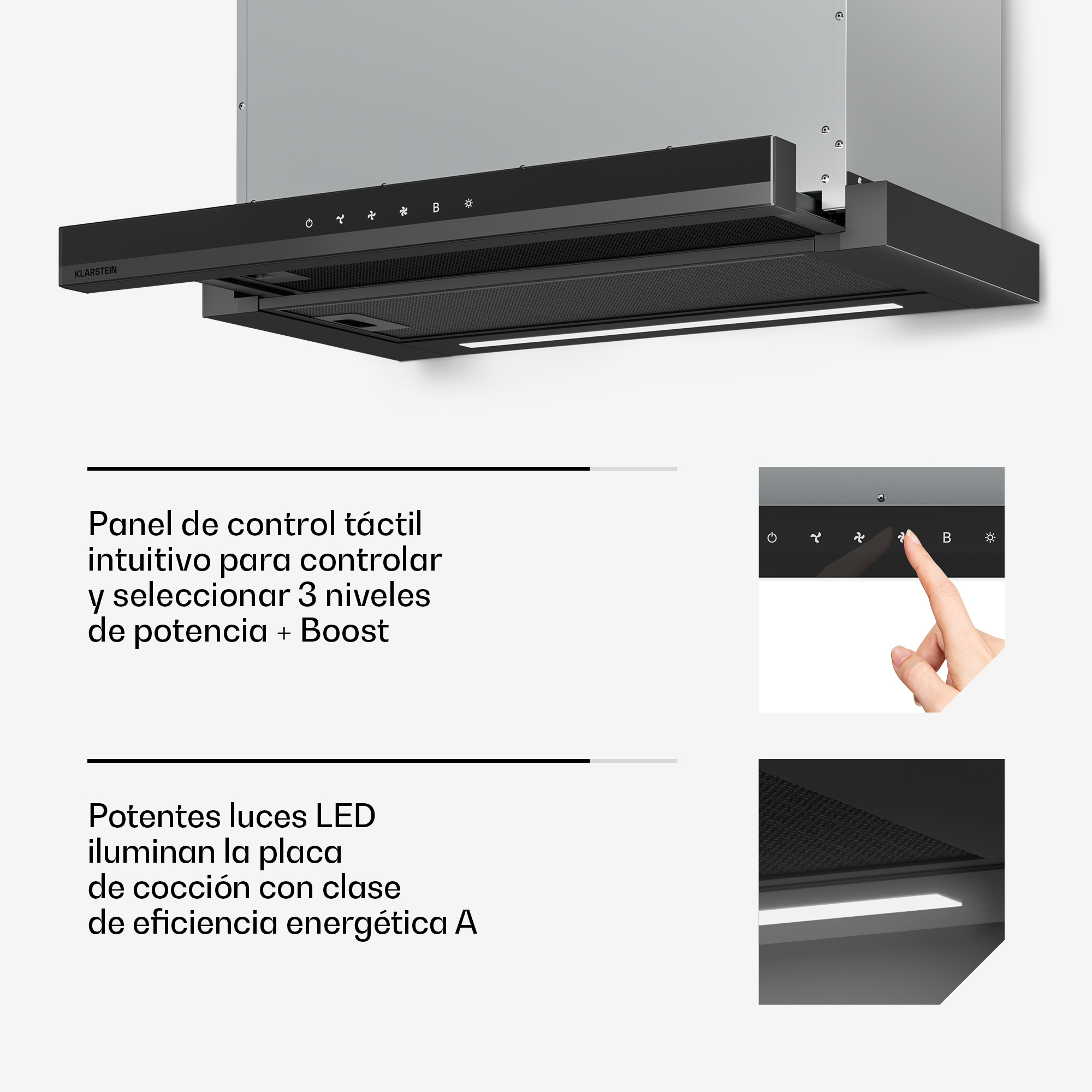Moderna cappa aspirante con pannello touch e illuminazione LED.