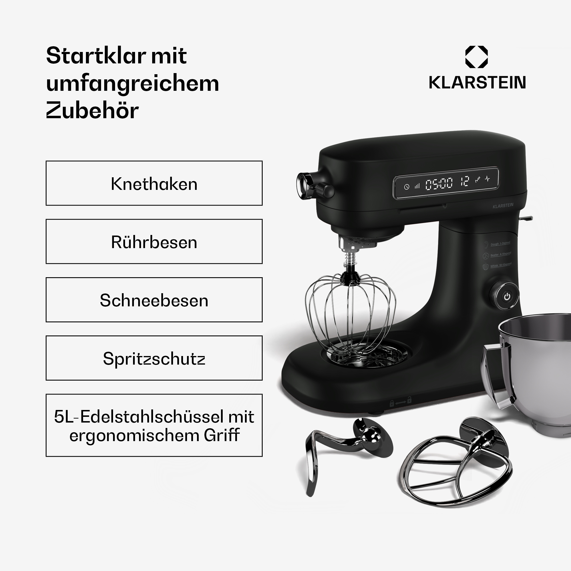 Schwarzer Klarstein Küchenmaschine mit Zubehör wie Knethaken, Schneebesen und Edelstahlschüssel.