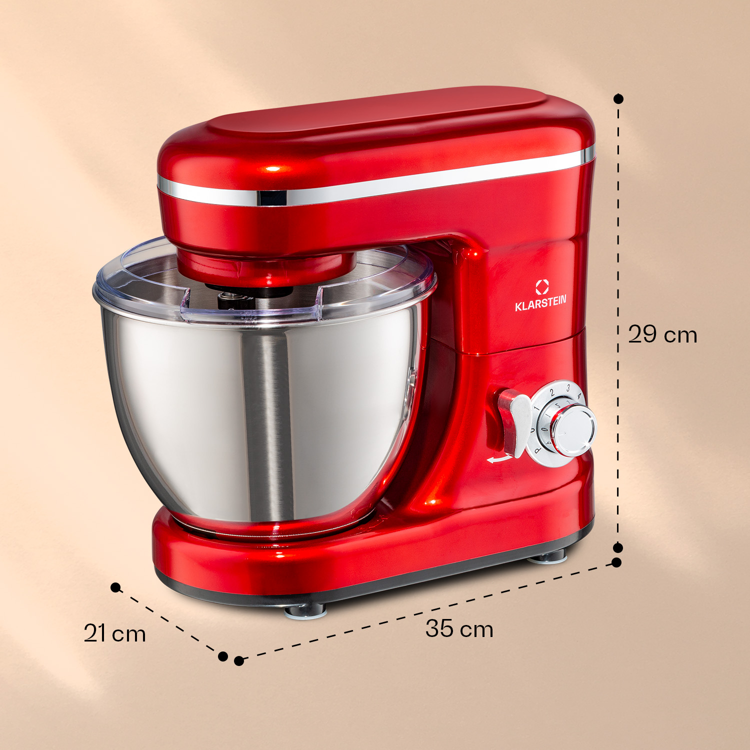 Batidora roja de cocina con bol de acero inoxidable, 21x35x29 cm.
