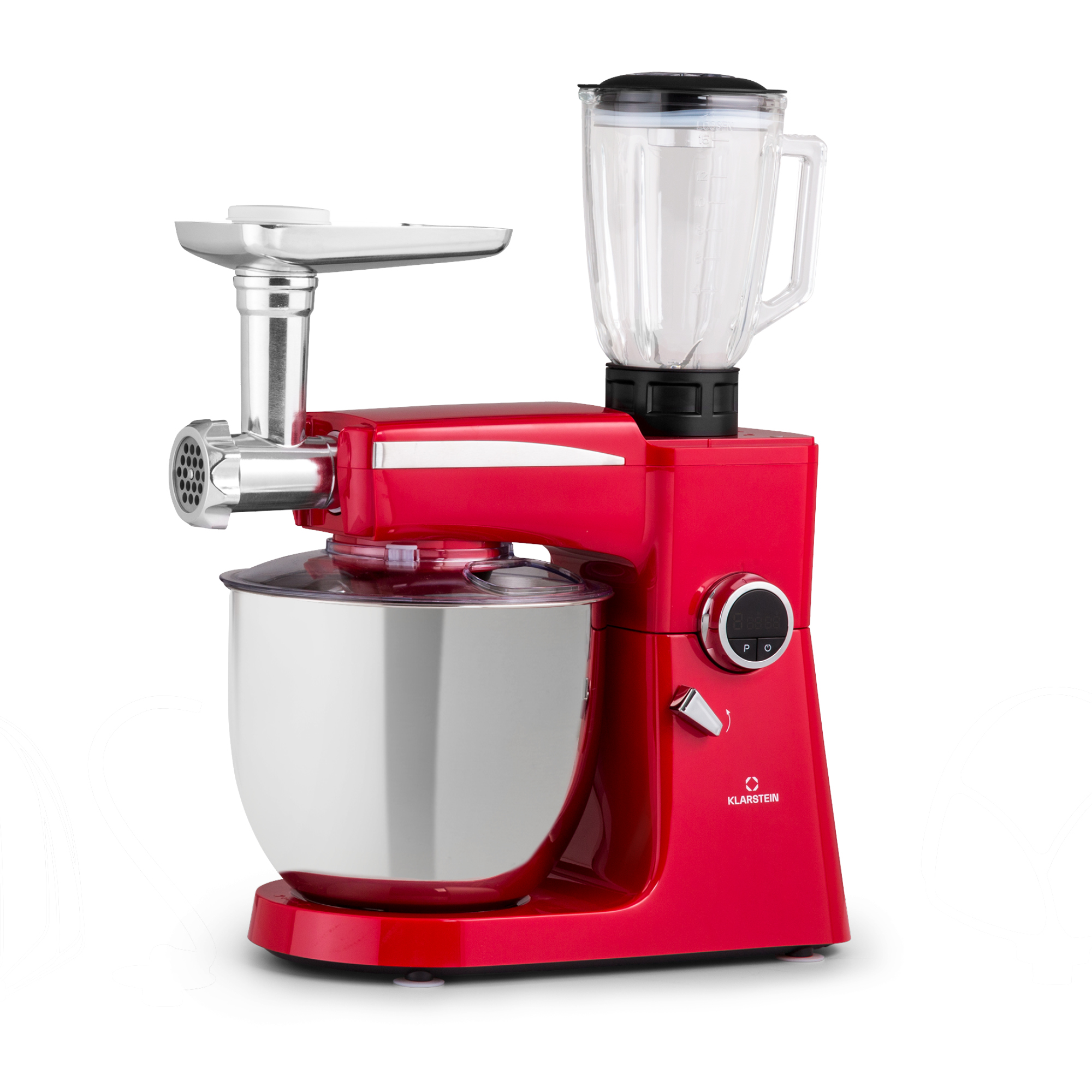 Robot da cucina rosso con tritacarne e frullatore, ciotola in acciaio.